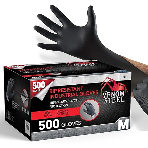 Venom Steel Industrial Nitrile Gloves, Chemical Resistant Disposable Black Gloves, Latex-Free, Powder-Free, Textured Grip, Heavy Duty Two-Layer