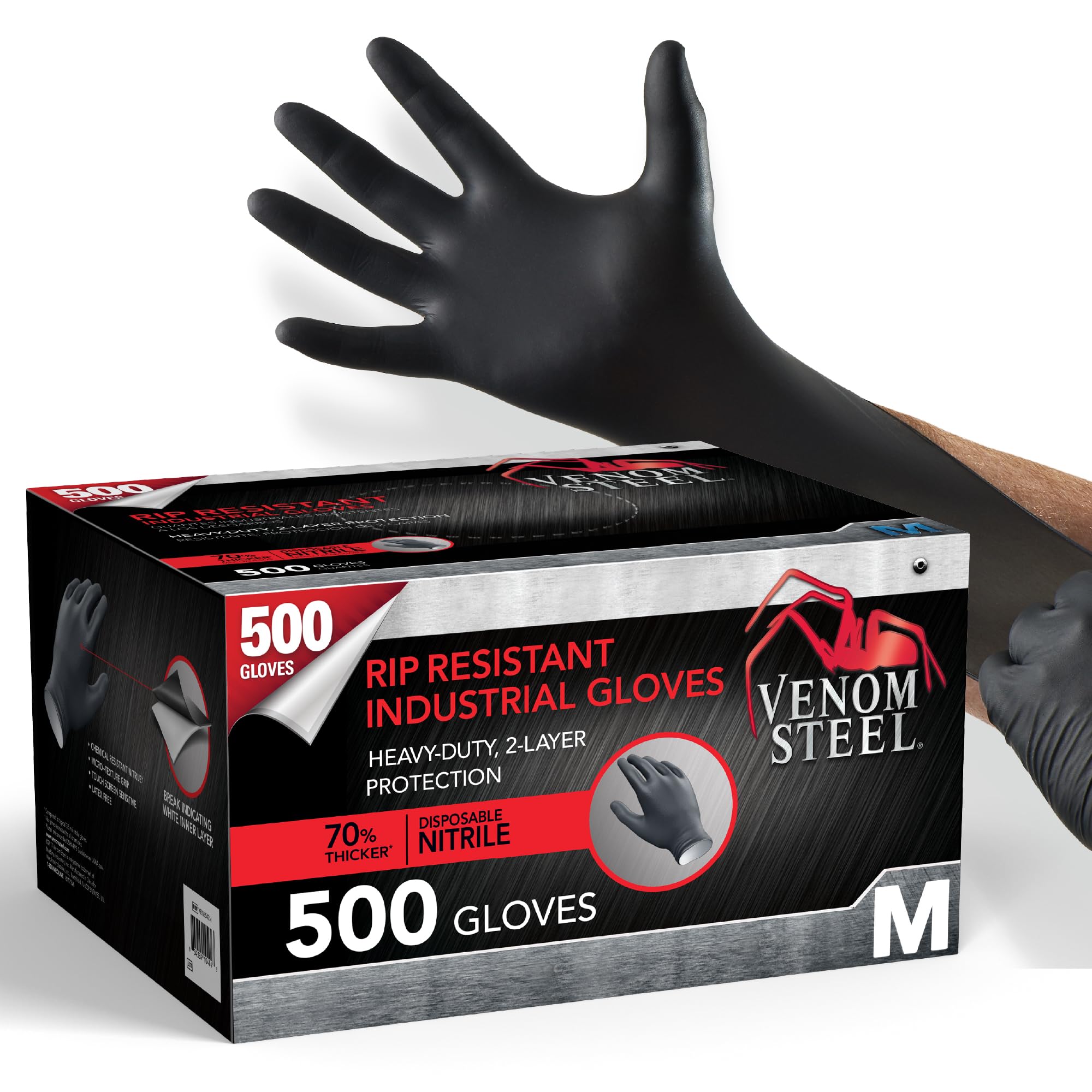Venom Steel Industrial Nitrile Gloves, Chemical Resistant Disposable Black Gloves, Latex-Free, Powder-Free, Textured Grip, Heavy Duty Two-Layer