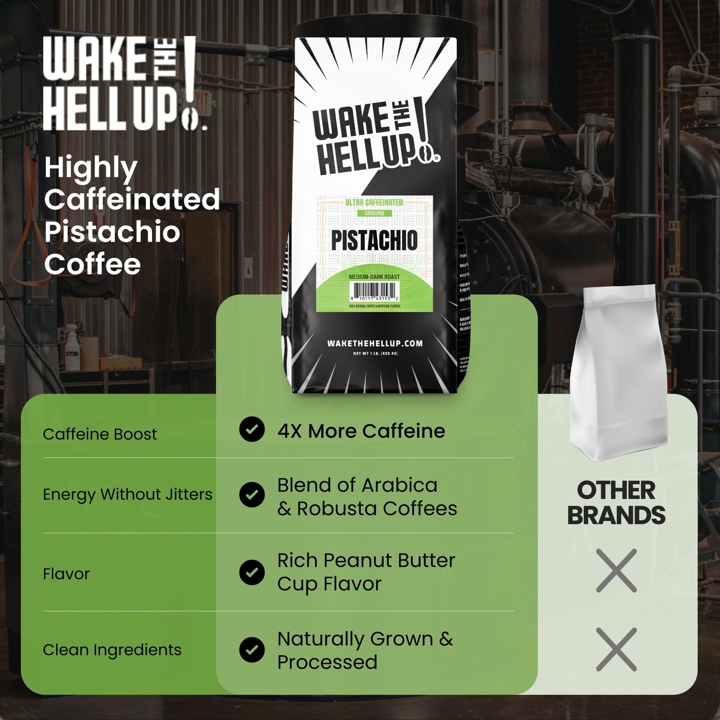 Wake The Hell Up! 1lb Ultra-Caffeinated Pistachio Whole Bean Coffee, Low Acid, Medium-Dark Roast