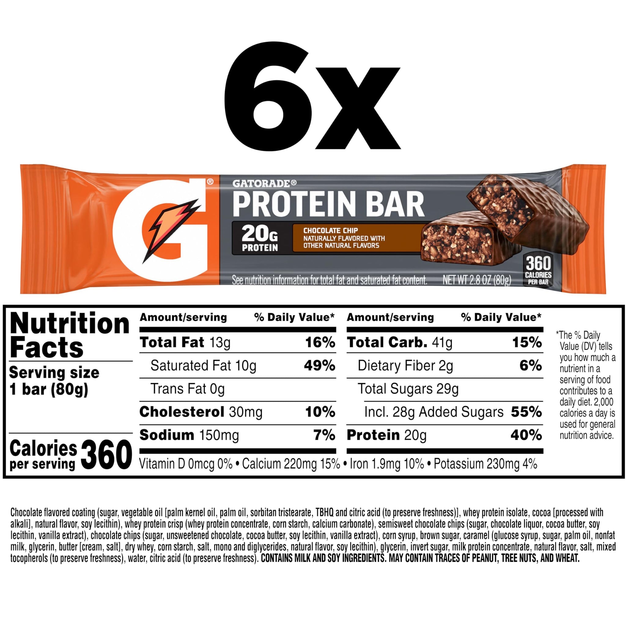Gatorade Whey Protein Recover Bars Chocolate Chip, 2.8 Oz, 6 Ct