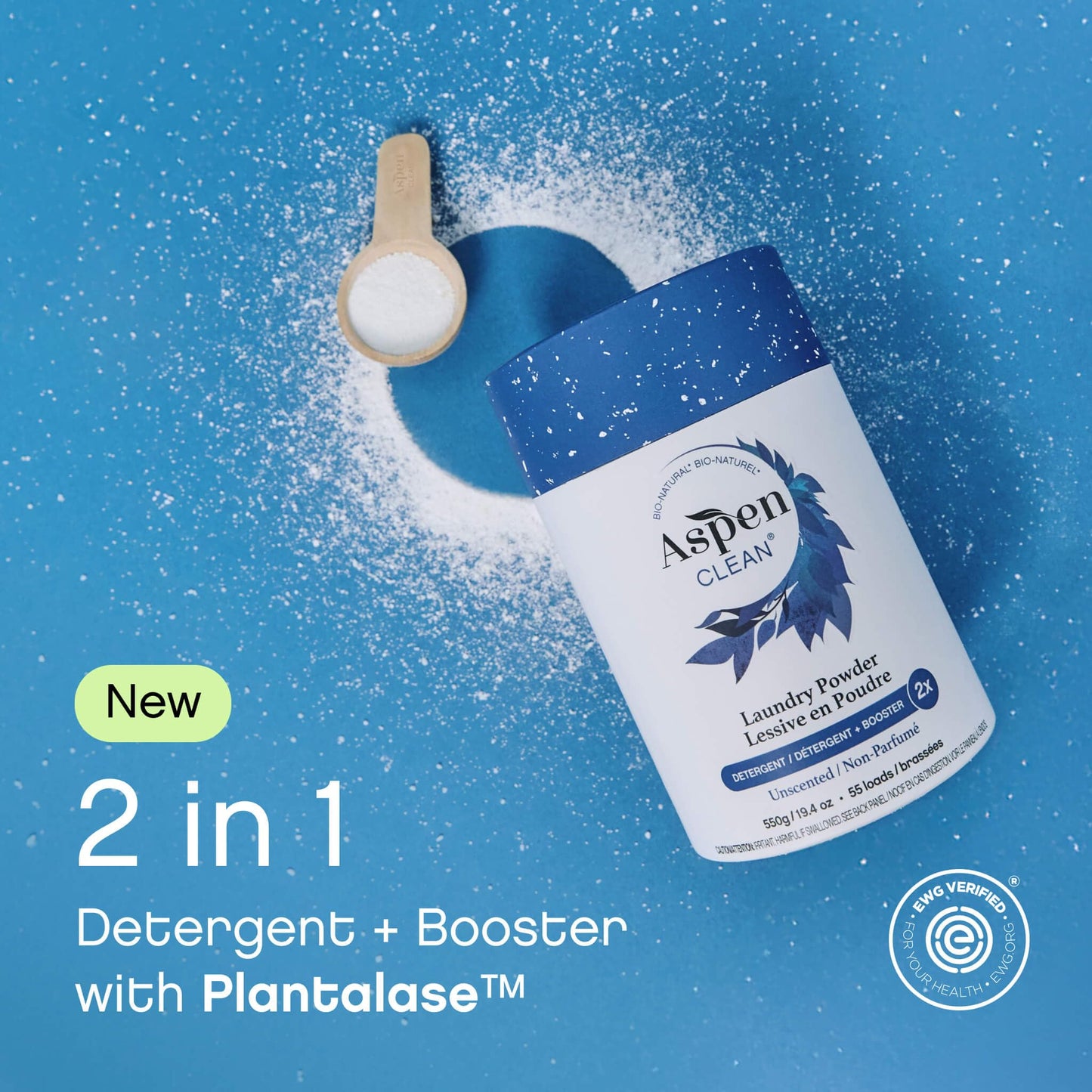 AspenClean Laundry Powder + Booster 2-in-1 Unscented 55 Loads Hyper Concentrated Stain & Odor Removal Enzyme Booster Non-Toxic 100% Natural EWG