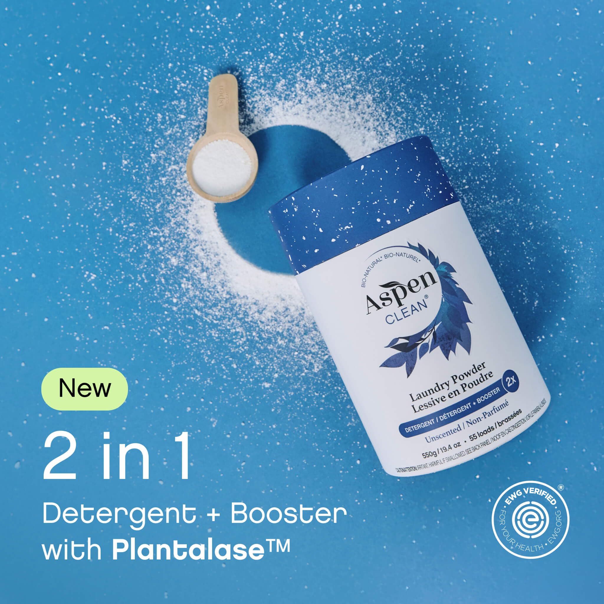AspenClean Laundry Powder + Booster 2-in-1 Unscented 55 Loads Hyper Concentrated Stain & Odor Removal Enzyme Booster Non-Toxic 100% Natural EWG