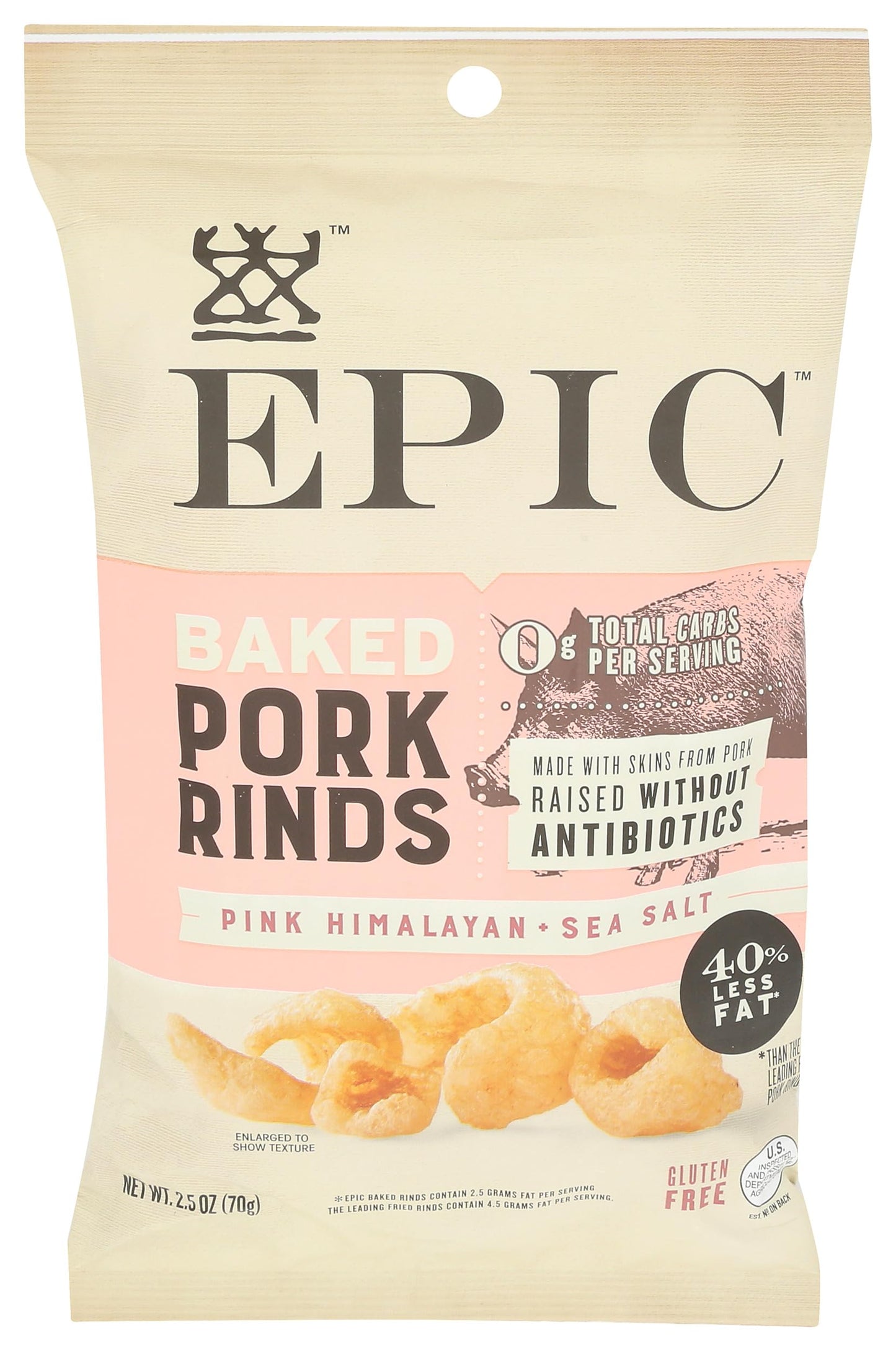 EPIC Pink Himalayan and Sea Salt Baked Pork Rinds, Keto Friendly, Protein Snacks, 2.5 oz