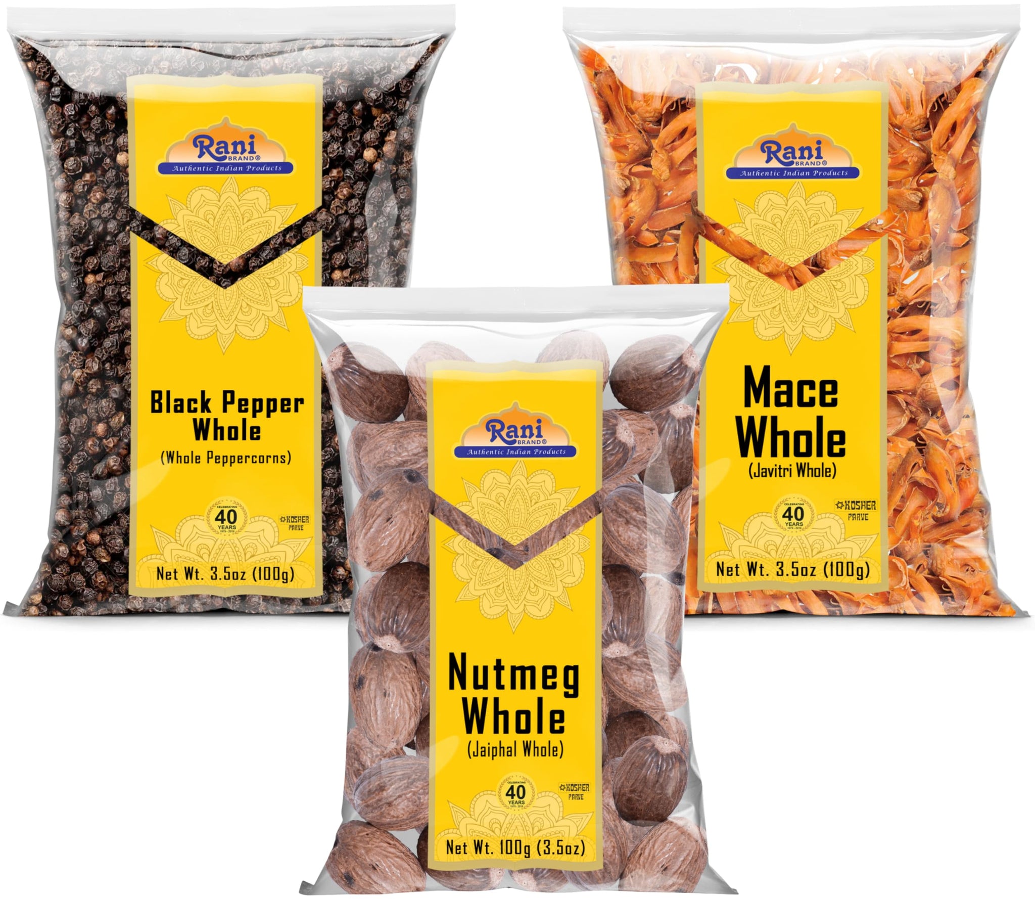 Rani Black Pepper, Nutmeg, Mace Whole Indian Spices ~ 3.5oz (100g) Combo Pack of 3 ~ All Natural | 100% Pure, Salt Free | Vegan | Gluten Friendly |
