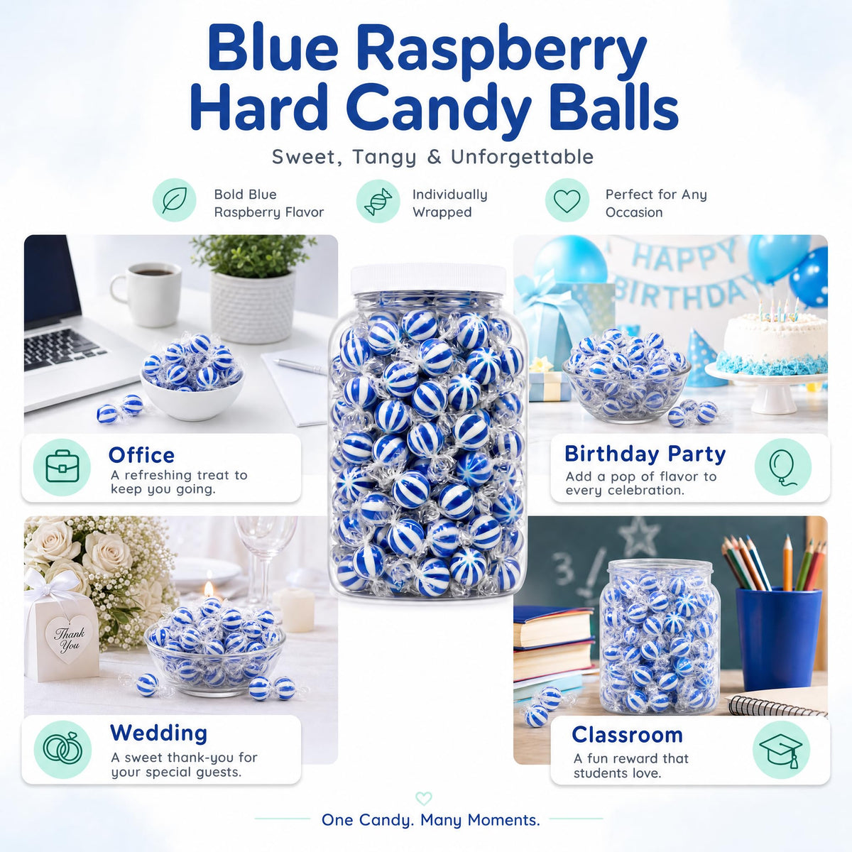 Blue Raspberry Hard Candy Balls, 4 LB Bulk Gallon Jar - Individually Wrapped Jumbo Blue Candy for Candy Buffet, Office, Wedding, Concession Stand