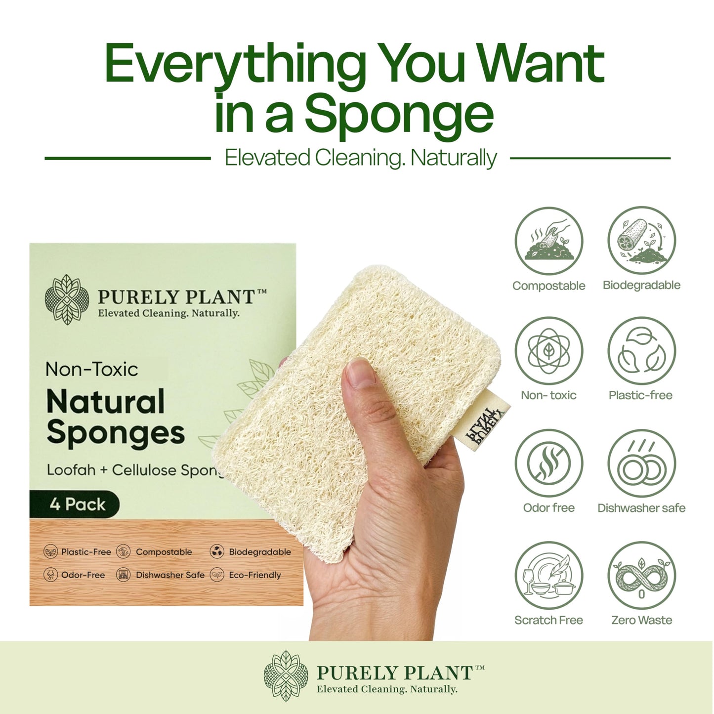 Purely Plant Loofah Dish Sponge 4 Pack- Loofah & Cellulose Premium Kitchen Scrubber, Non Toxic, 100% Plastic Free,Compostable & Biodegradable,Durable