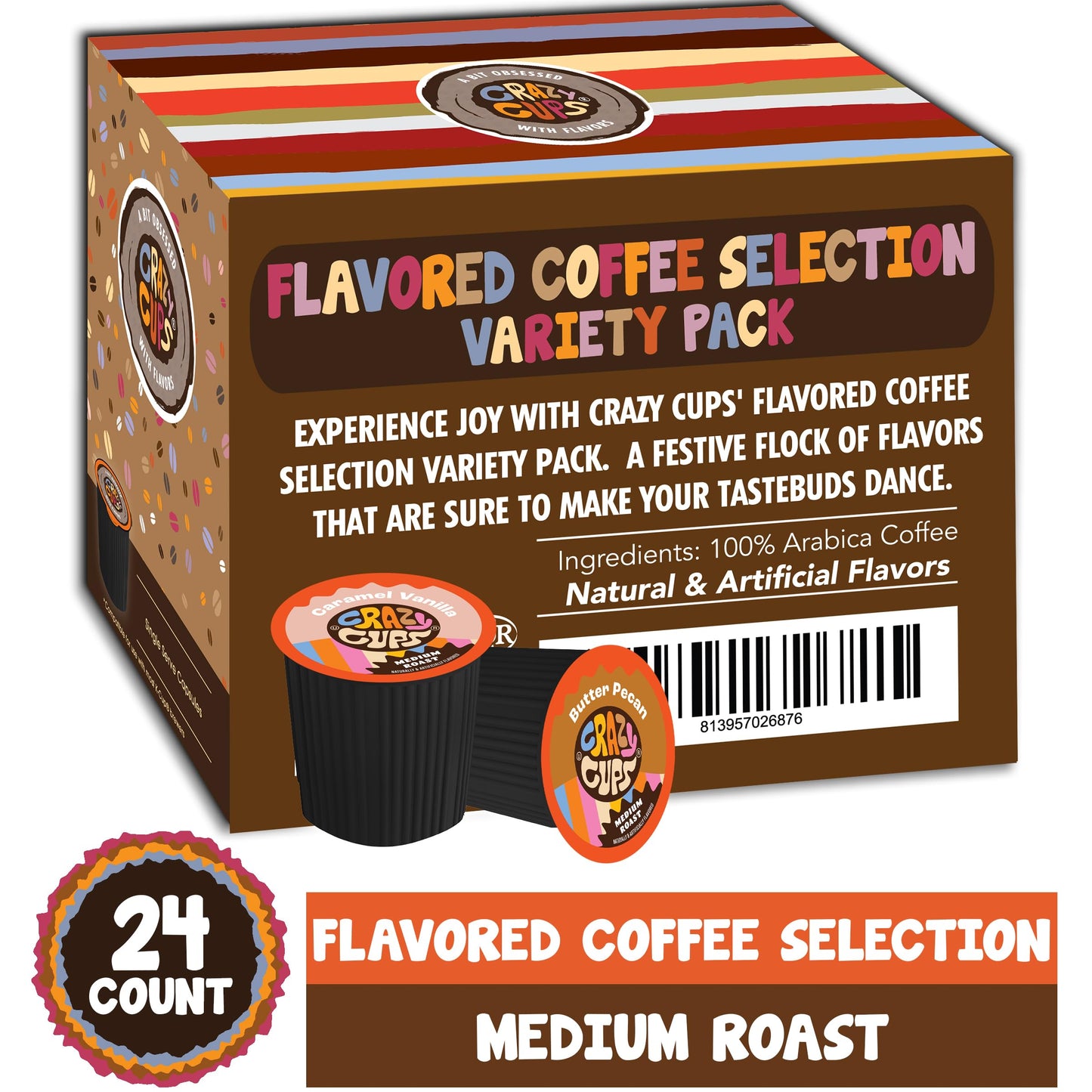Crazy Cups Flavored Medium Roast Coffee Pods, Variety Pack for Keurig K-Cup Brewers, Hot or Iced Coffee, 24 Count