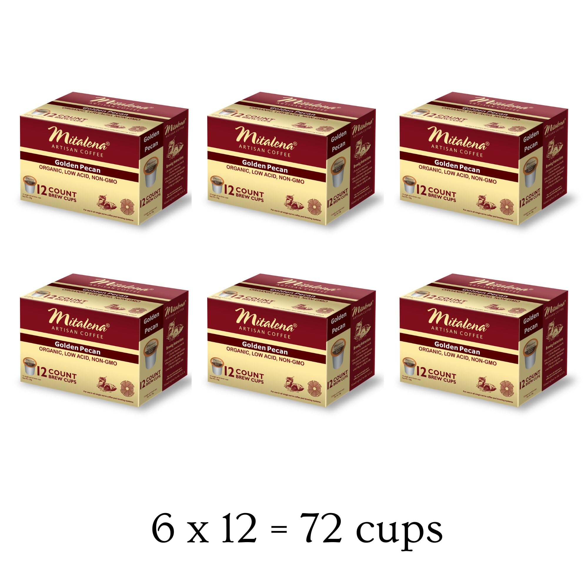 Mitalena Artisan Coffee: Golden Pecan Low Acid Coffee Pods - Medium Roast, Organic, Vanilla Pecan Flavored - 72 Brew Cups