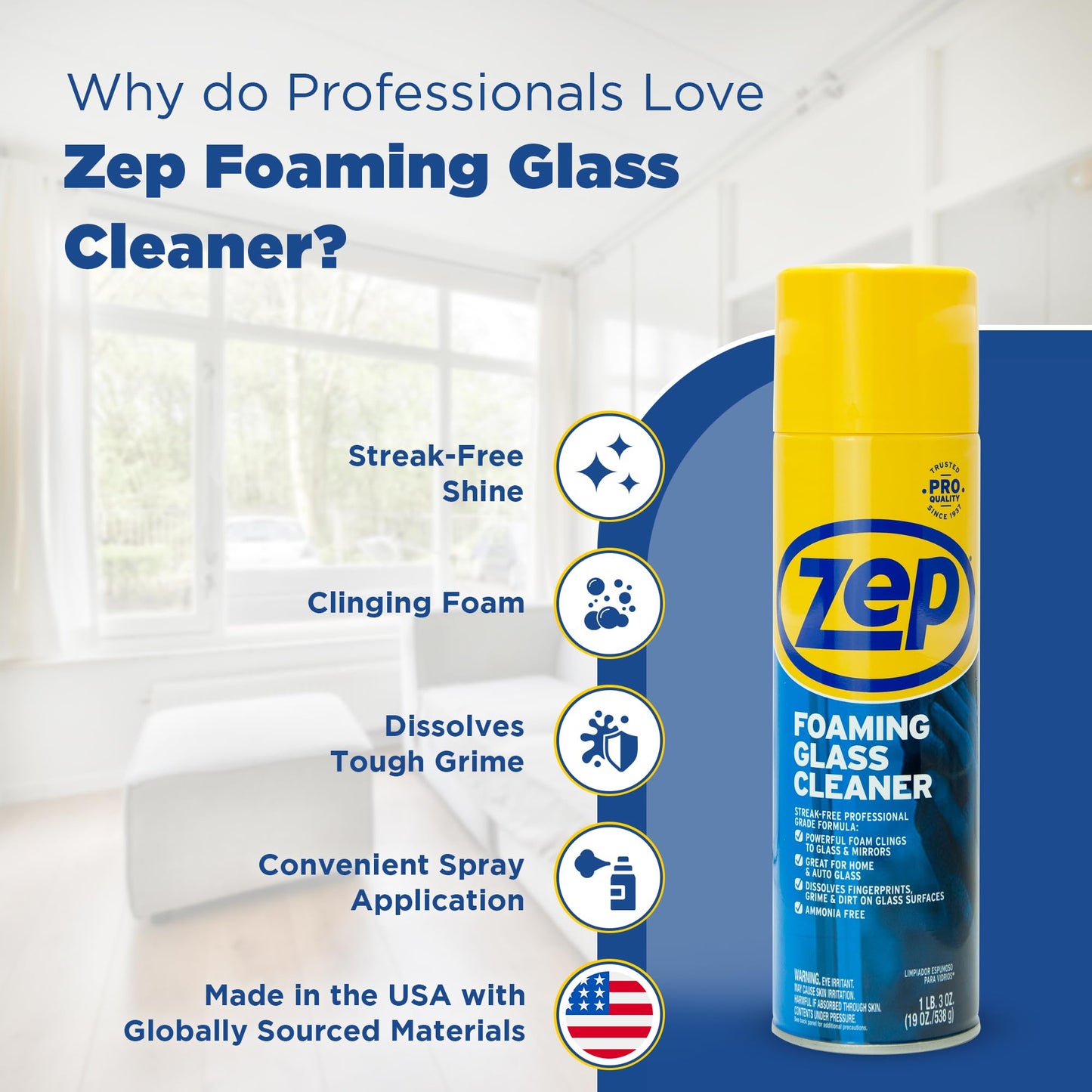 Zep Foaming Glass and Plexiglass Cleaner - 19 oz (Case of 4) ZUFGC19 - Foaming Formula that clings to Vertical Surfaces for Streak-Free Glass Cleaning