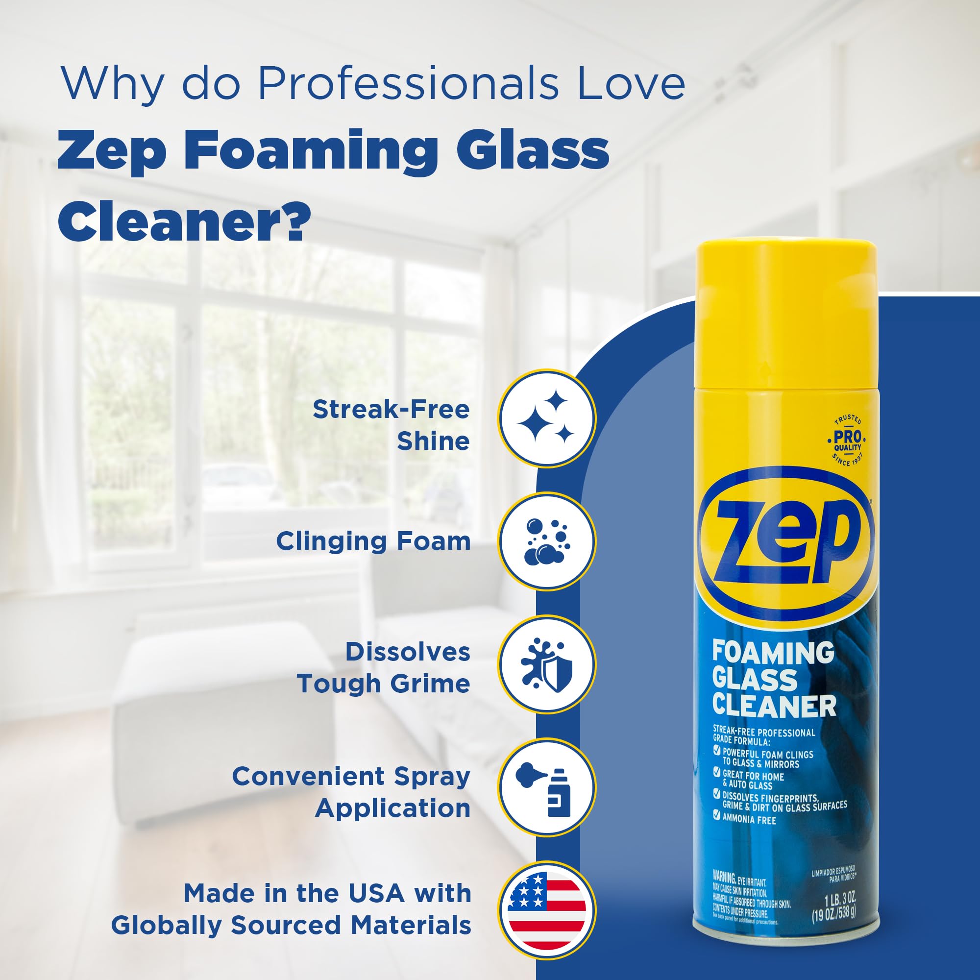 Zep Foaming Glass and Plexiglass Cleaner - 19 oz (Case of 4) ZUFGC19 - Foaming Formula that clings to Vertical Surfaces for Streak-Free Glass Cleaning