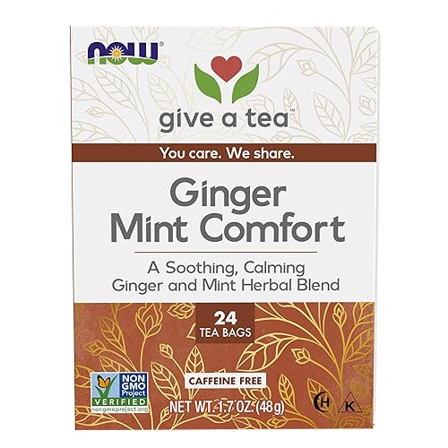 NOW Foods, Give a Tea Ginger Mint Comfort Tea, Caffeine-Free, Calming, Tummy-Pleasing, 24-Count
