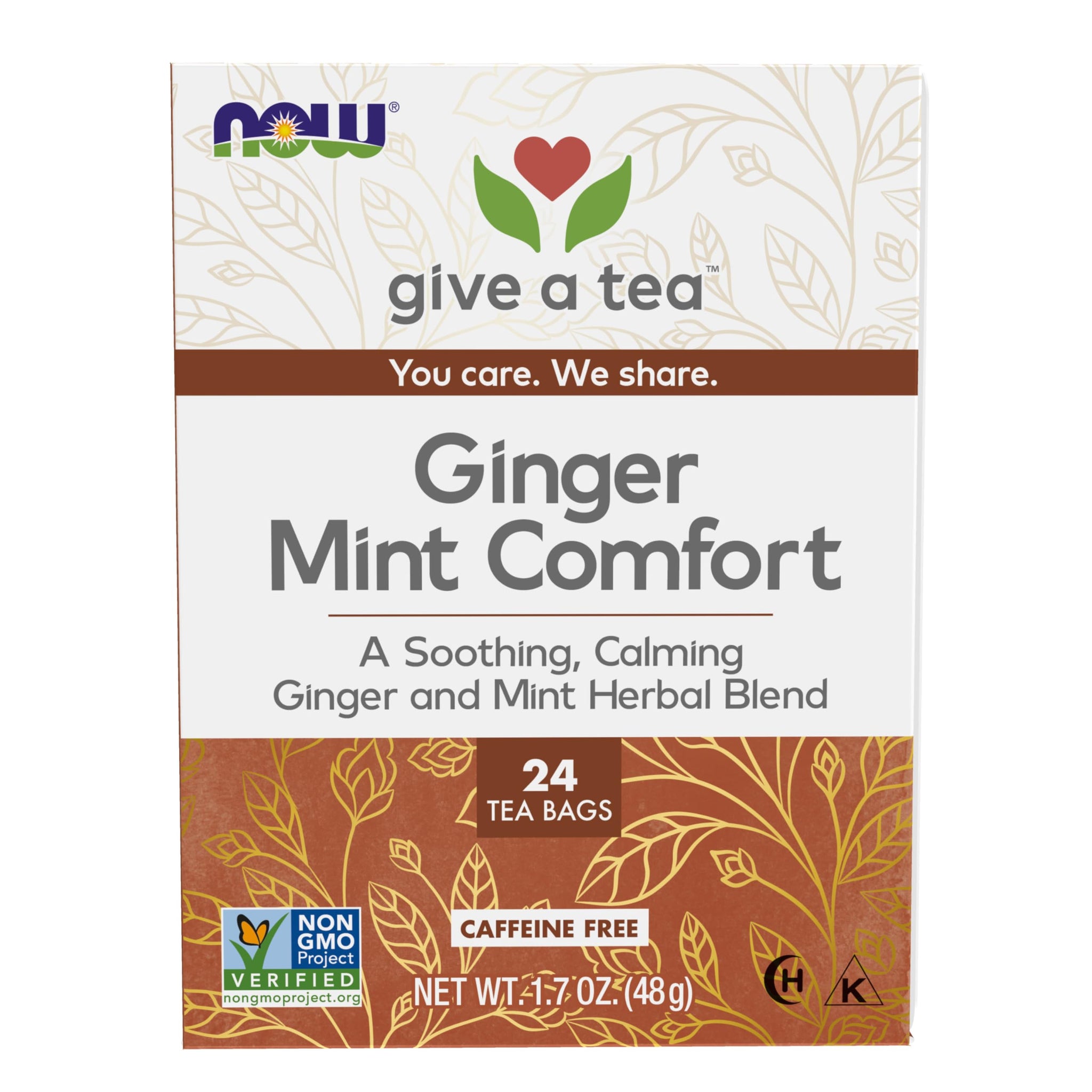 NOW Foods, Give a Tea Ginger Mint Comfort Tea, Caffeine-Free, Calming, Tummy-Pleasing, 24-Count