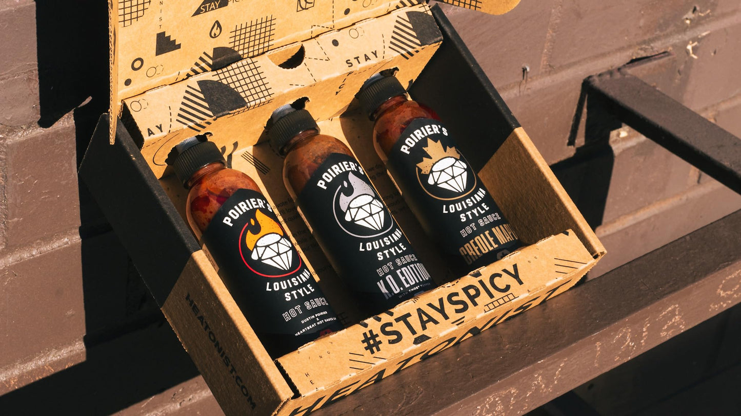 Heatonist Dustin Poirier's Louisiana Style Hot Sauce Trio: Poirier's Creole Maple, KO Edition and Traditional - Official Hot Sauce of UFC