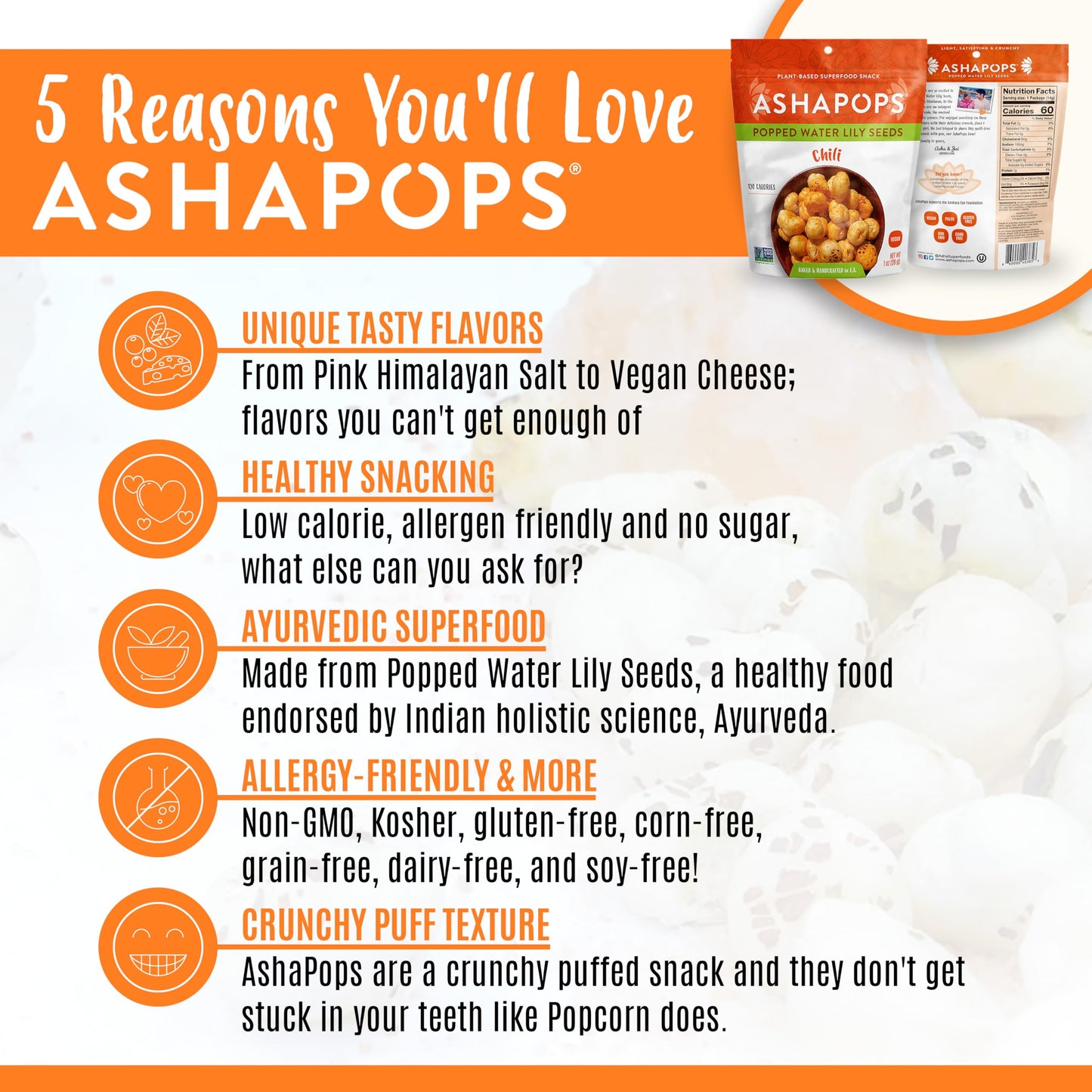 AshaPops Chili Flavored Popped Water Lily Seeds - Gluten-Free, Vegan, Paleo, Nut-Free, Corn-Free, Soy-Free, Non-GMO, Delicious Plant-Based Crunchy