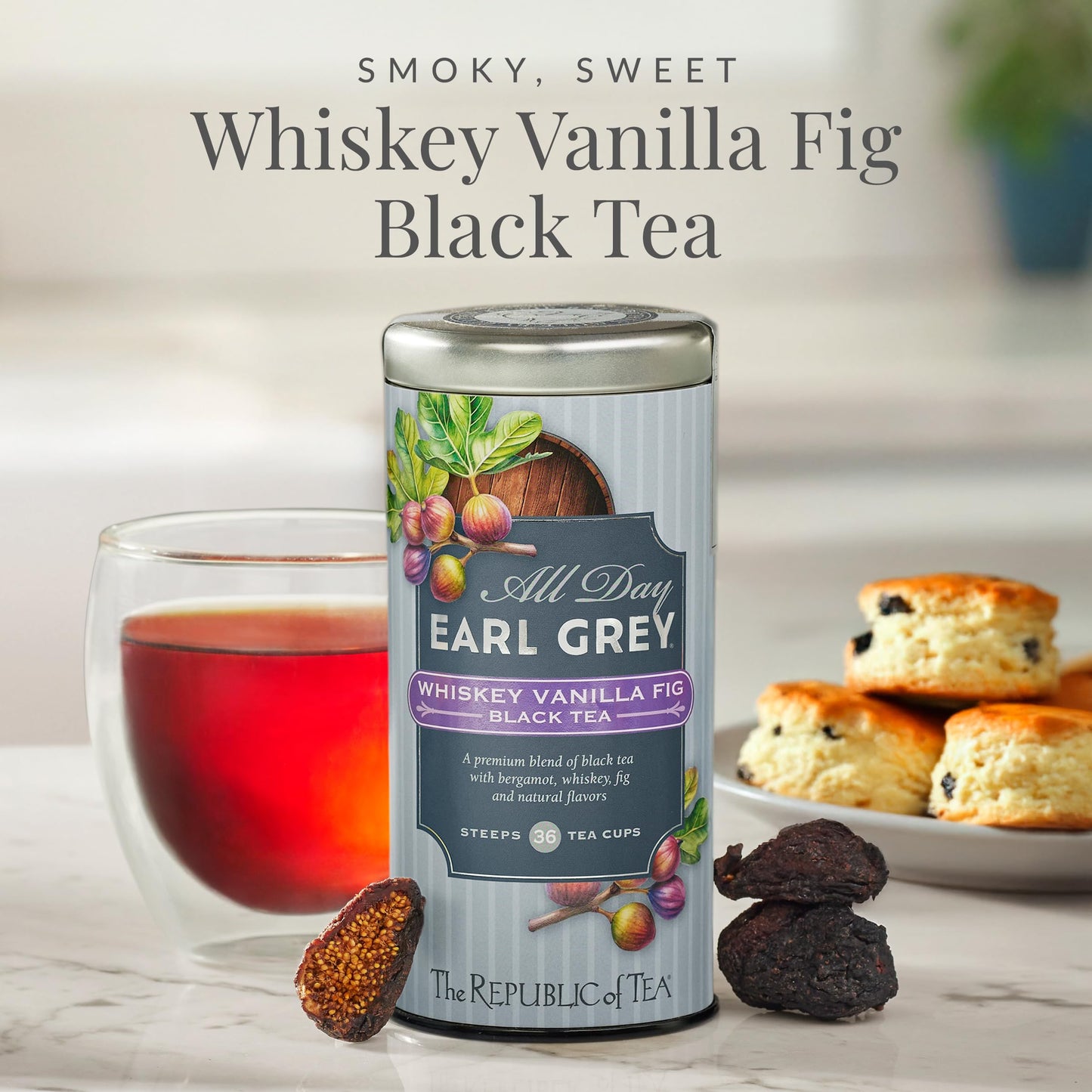 The Republic of Tea - All Day Earl Grey Whiskey Vanilla Fig Black Tea, Naturally Caffeinated, 36 Tea Bags