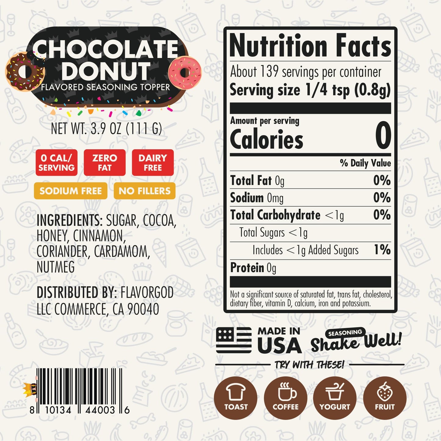 Chocolate Donut Topper Seasoning Mix by Flavor God - Zero Calorie Seasoning for Ice Cream, Donuts, Coffee, Cookies, Popcorn, Pancakes, & Snacks - Low