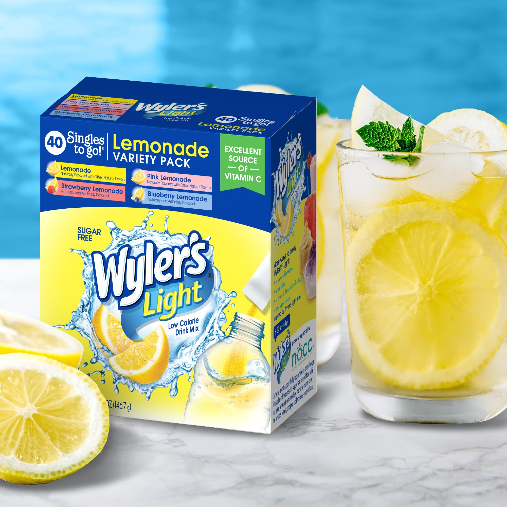Wyler's Light Lemonade Variety Pack, 40 ct Singles to Go Powder Packets, Water Drink Mix, Variety Pack, Pink, Strawberry & Blueberry Lemonade, Sugar
