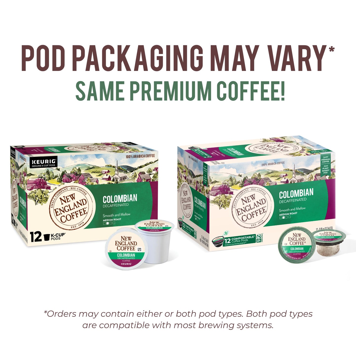 New England Coffee Colombian Decaffeinated Medium Roast Single Serve Pods, 12ct Box (Pack of 1)