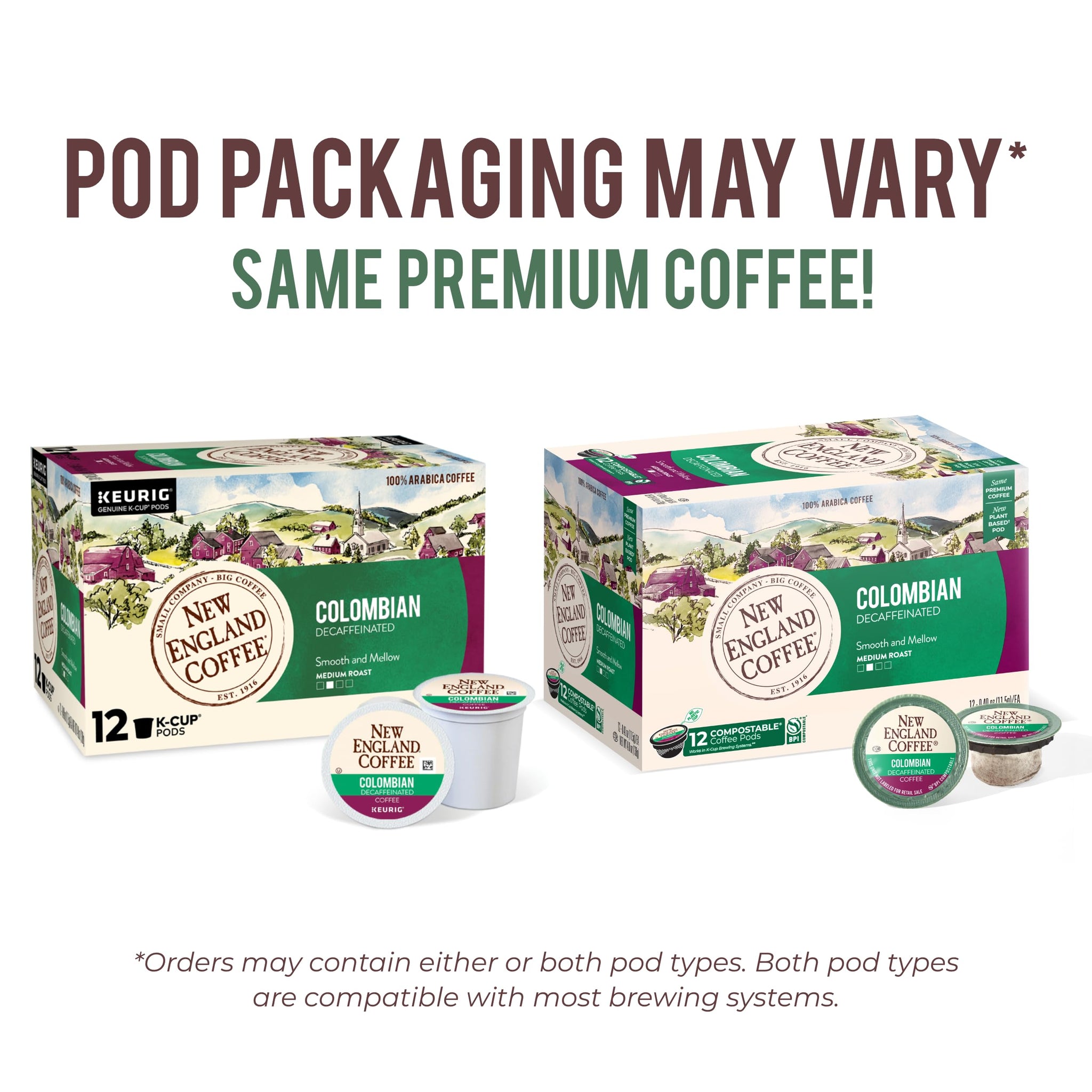 New England Coffee Colombian Decaffeinated Medium Roast Single Serve Pods, 12ct Box (Pack of 1)