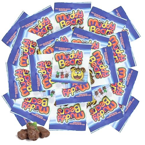 Muddy Bears Chocolate Covered Gummies, Assorted Fruit Flavors, Mini Individual Bags, Party Favor Candy, 20 Count