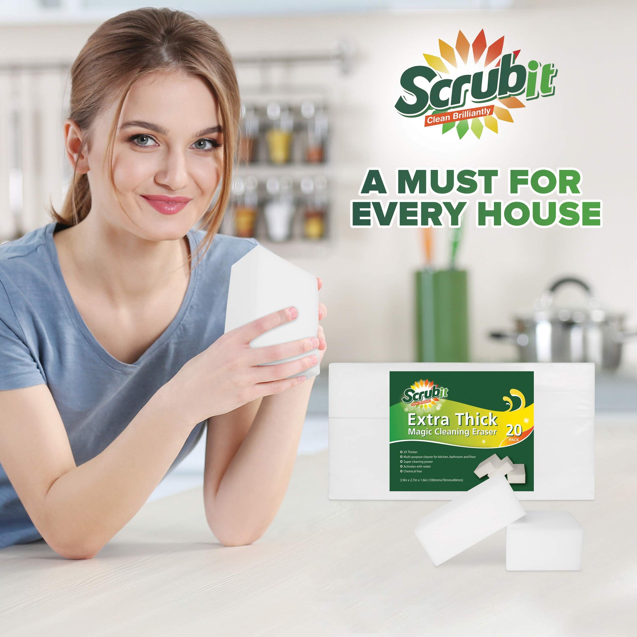 (20 Pack) Extra Thick Magic Sponge Eraser by SCRUBIT- Kitchen, Bathroom, Floor and Wall Cleaner - Miracle Melamine Cleaning Sponges- Durable Long