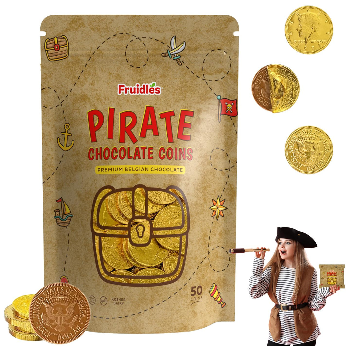 Fruidles Pirate Coins, Kosher Certified, Non GMO (Pack of 50)