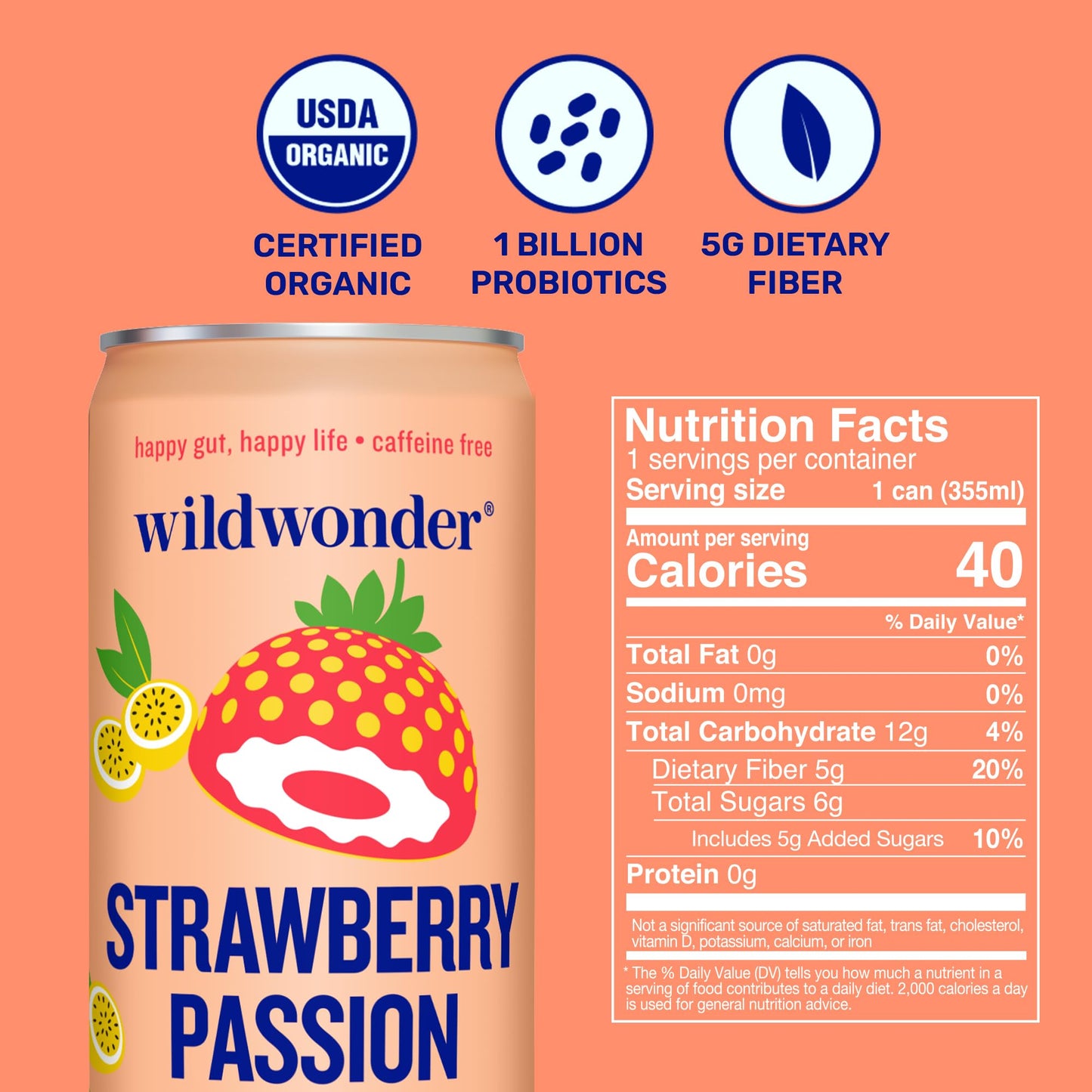 Wild Wonder Organic Strawberry Passion Probiotic Sparkling Drink, 12 FZ