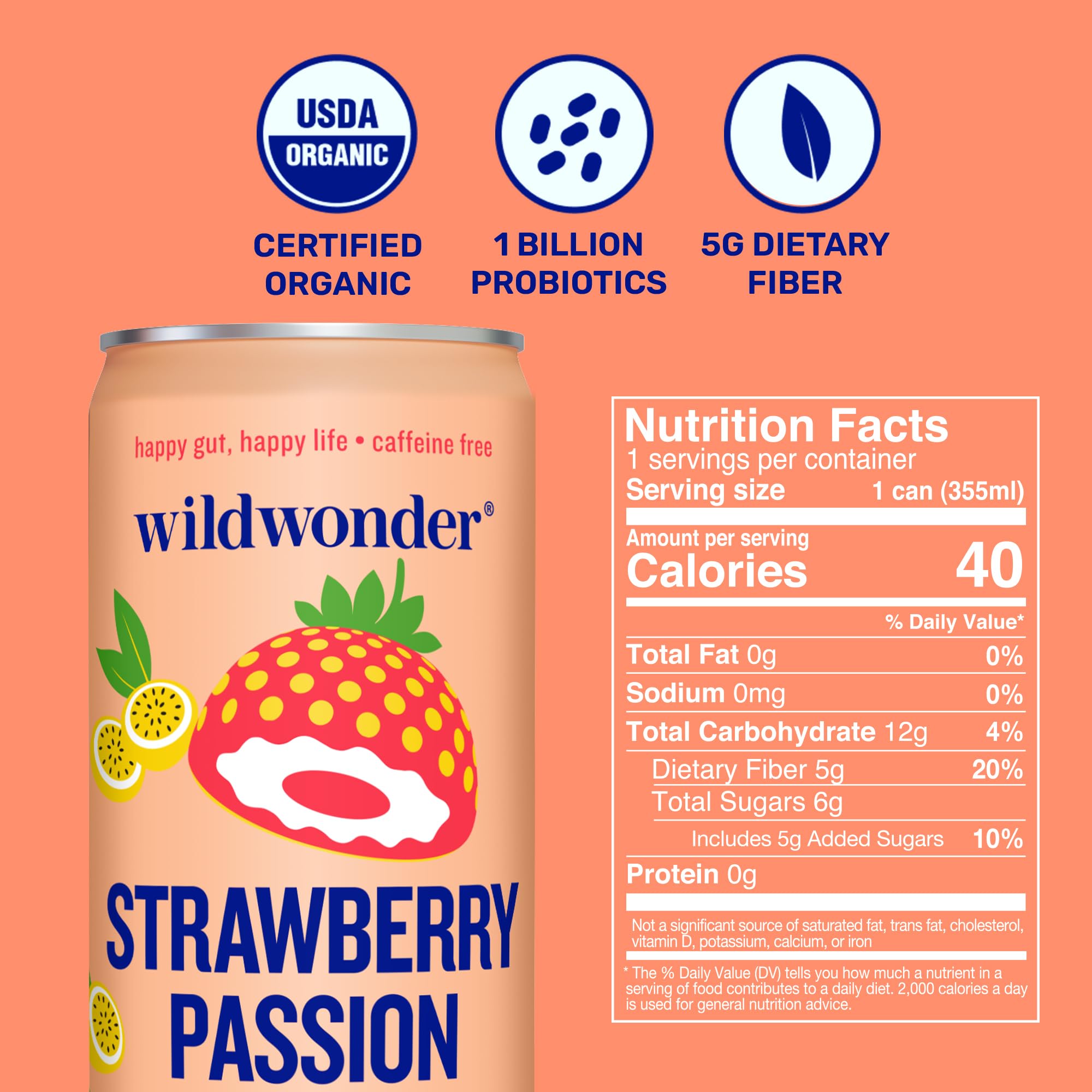 Wild Wonder Organic Strawberry Passion Probiotic Sparkling Drink, 12 FZ