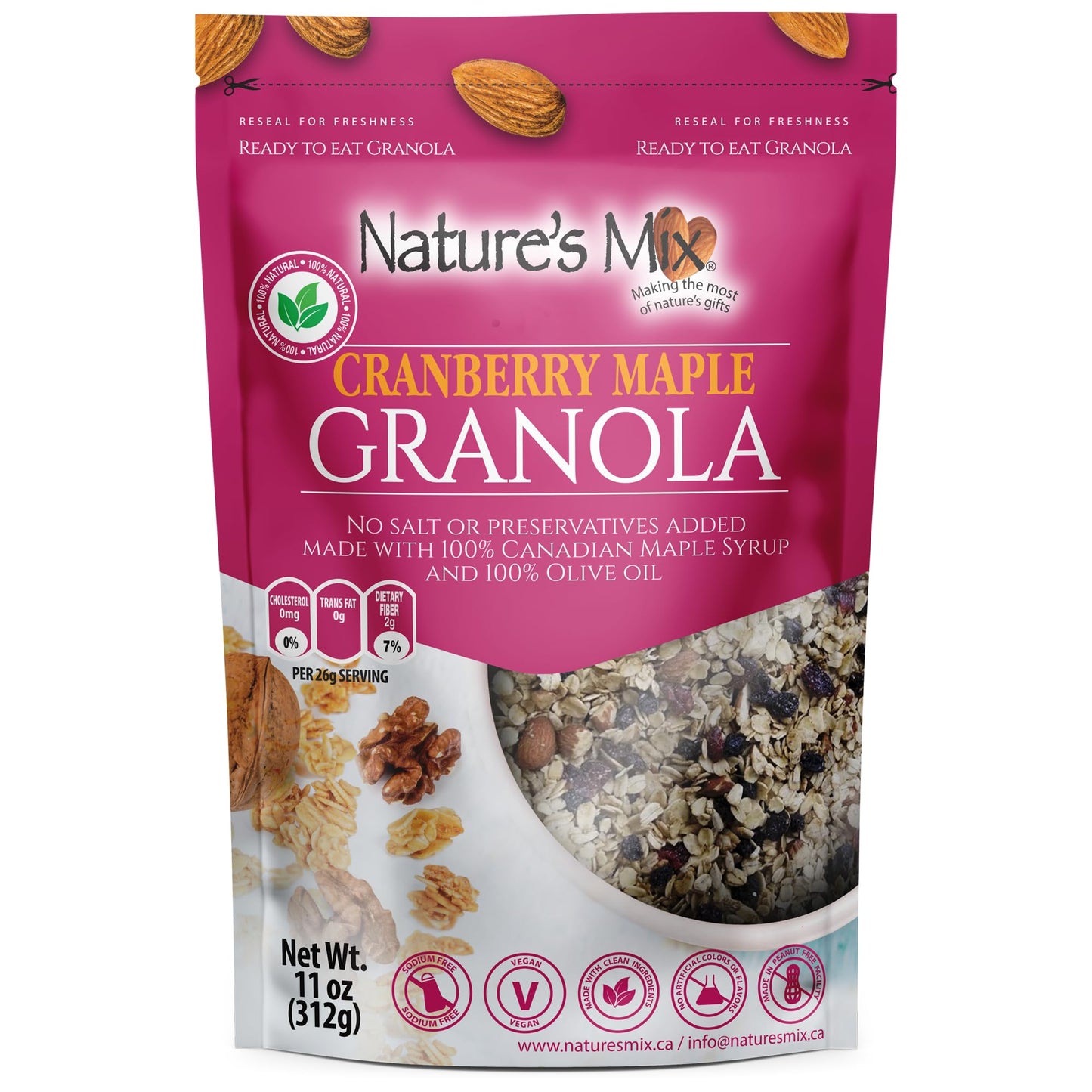 Nature's Mix - Cranberry Maple Granola - Cranberries, Almonds, Maple Syrup, Currants, Olive Oil, Sunflower Seeds, Cinnamon - Small
