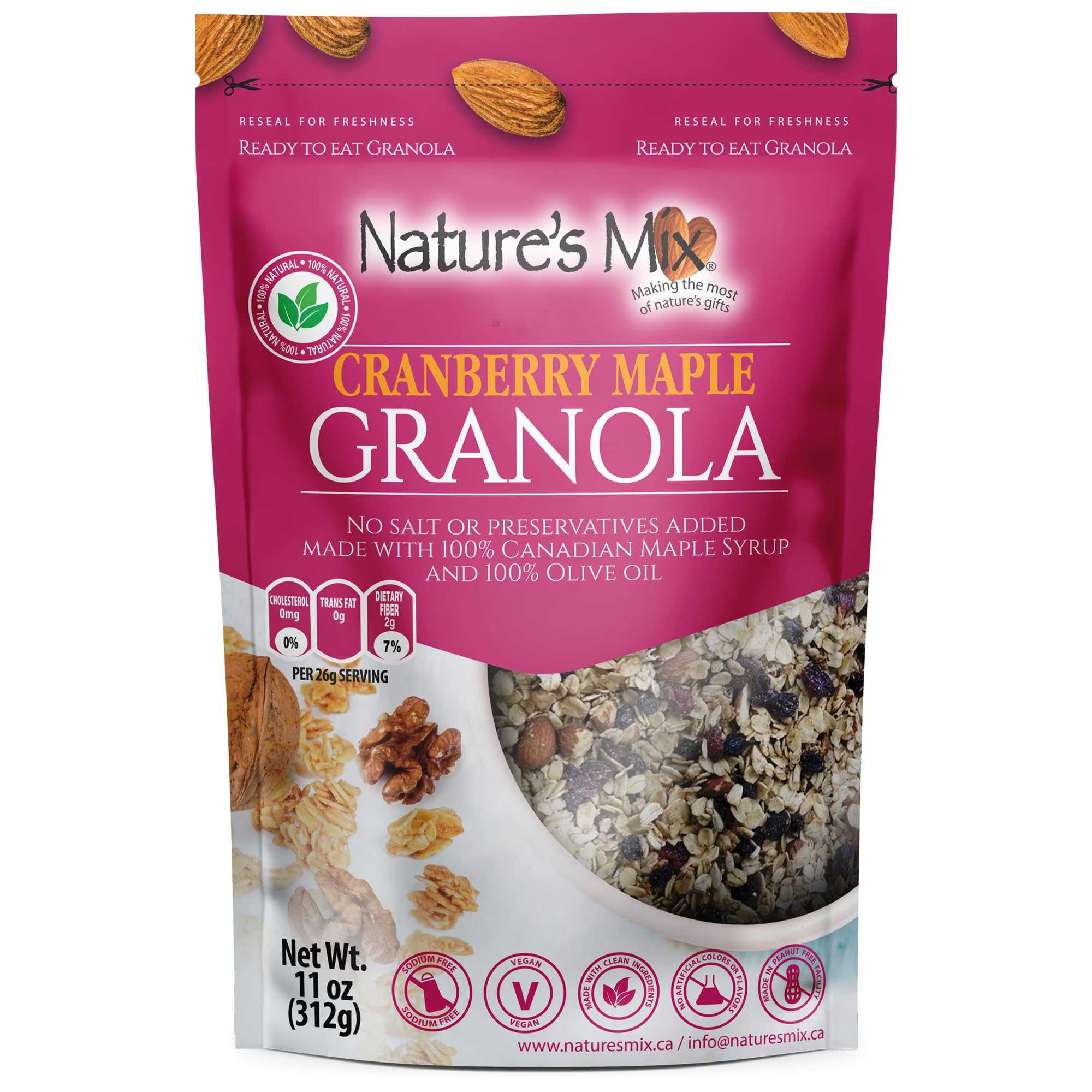 Nature's Mix - Cranberry Maple Granola - Cranberries, Almonds, Maple Syrup, Currants, Olive Oil, Sunflower Seeds, Cinnamon - Small