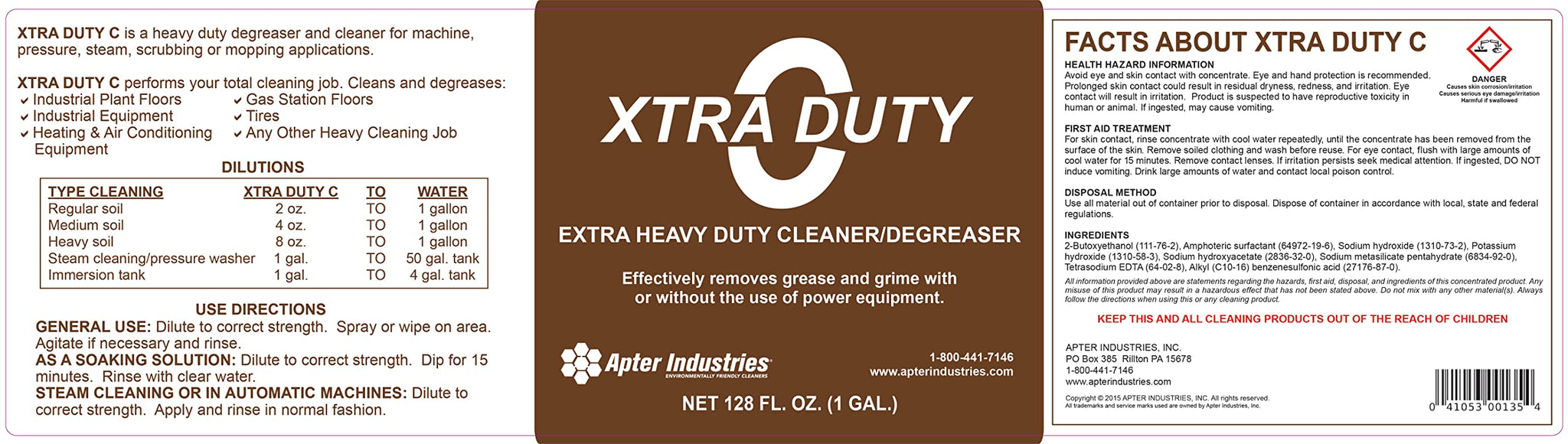 Apter Industries Xtra Duty C Industrial Cleaner - Concentrated Heavy-Duty Degreaser for All Industrial Settings, 1 Gallon
