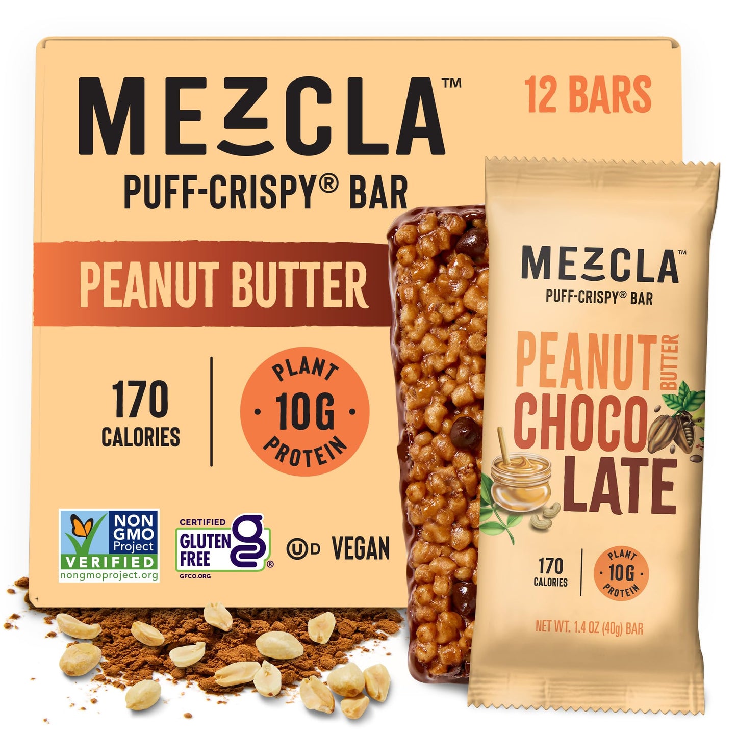 Mezcla Puff-Crispy Plant Based Protein Bars - Peanut Butter Chocolate - Healthy Snacks for Adults & Kids - Perfect School, Travel, & Office Snacks