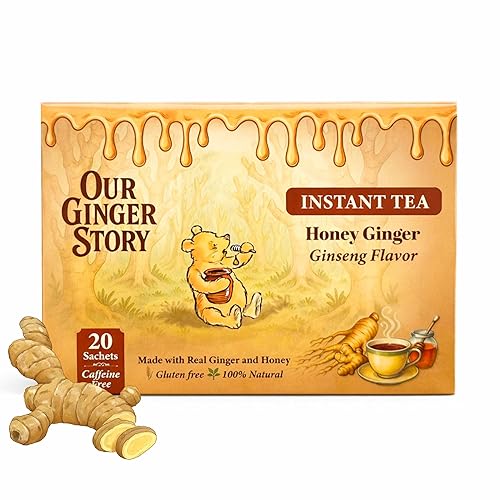 Premium Honey Ginger Instant Tea Crystals, With Ginseng 20 Sachets Real Ginger Real Honey Pure Cane Sugar Caffeine Free Hot Or Cold Single Serve Drink