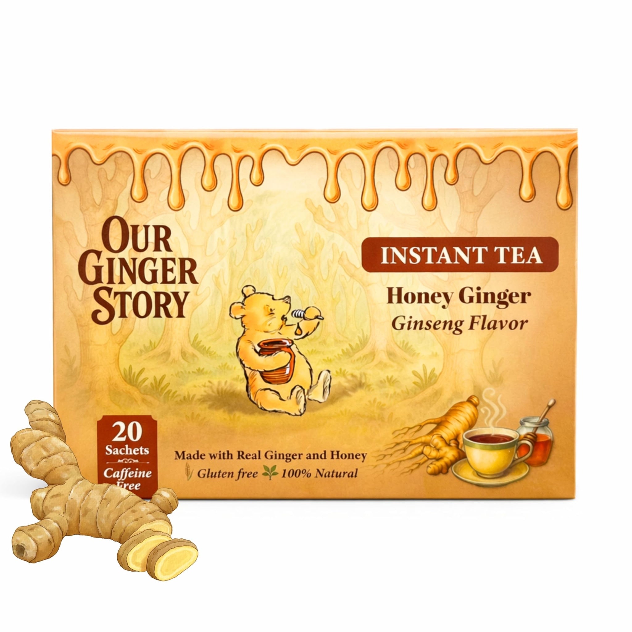 Premium Honey Ginger Instant Tea Crystals, With Ginseng 20 Sachets Real Ginger Real Honey Pure Cane Sugar Caffeine Free Hot Or Cold Single Serve Drink