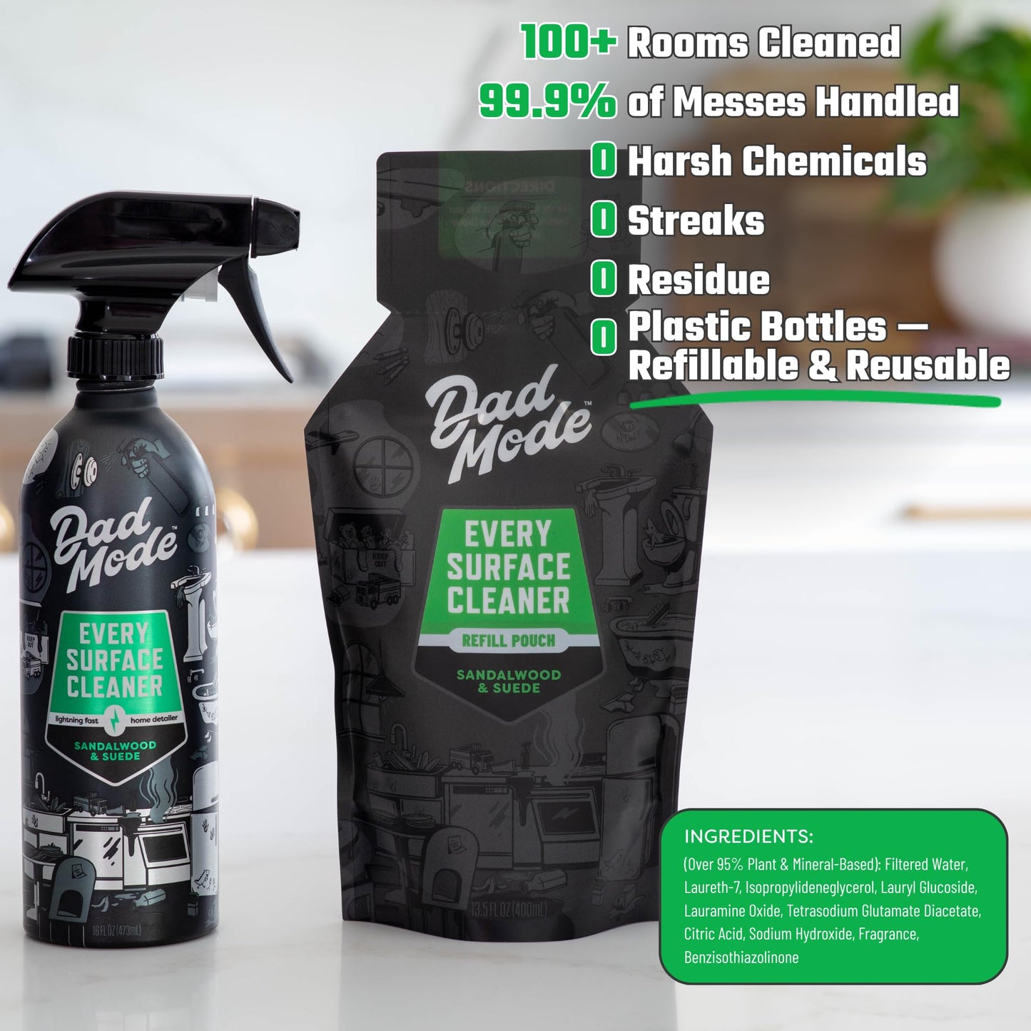 DadMode Everyday Surface Cleaner, Value Pack, 16oz Bottle + 13.5oz Refill, Cleans Home, Kitchen, Garage, Plant-Based Formula, Sandalwood & Suede