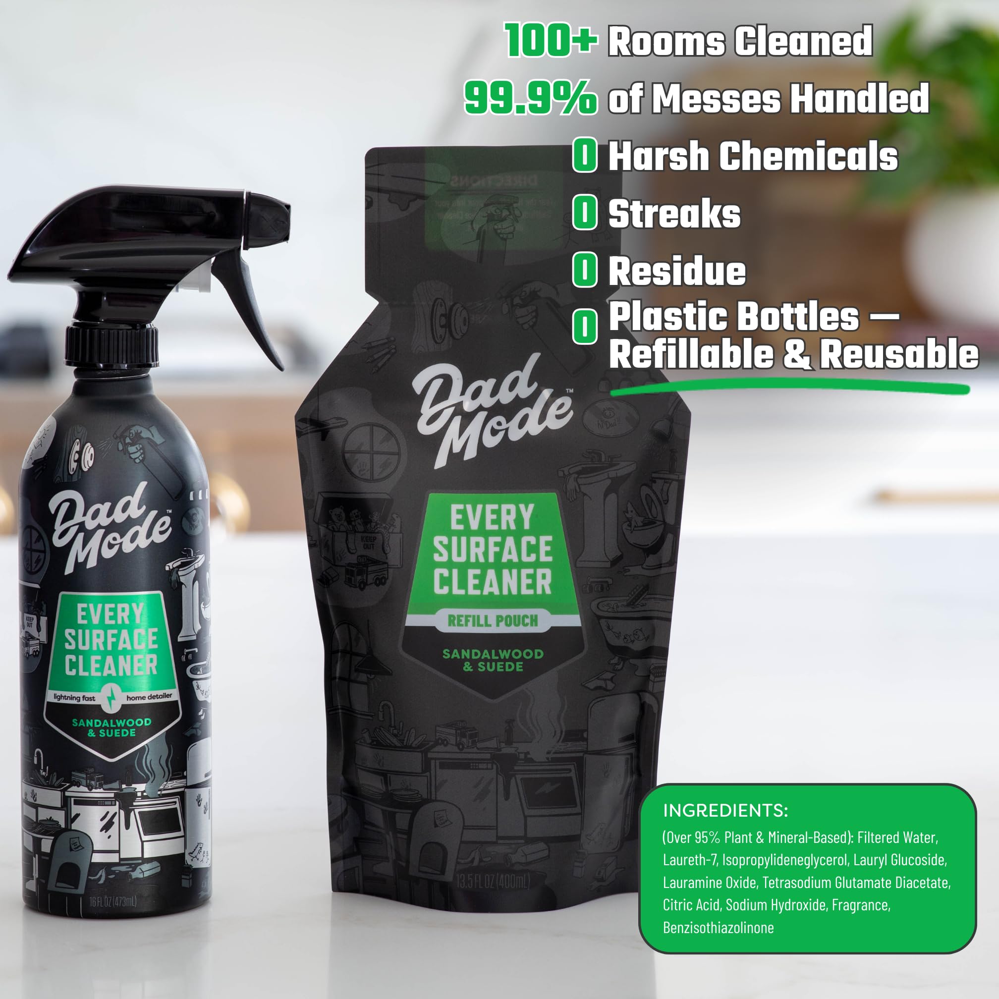DadMode Everyday Surface Cleaner, Value Pack, 16oz Bottle + 13.5oz Refill, Cleans Home, Kitchen, Garage, Plant-Based Formula, Sandalwood & Suede