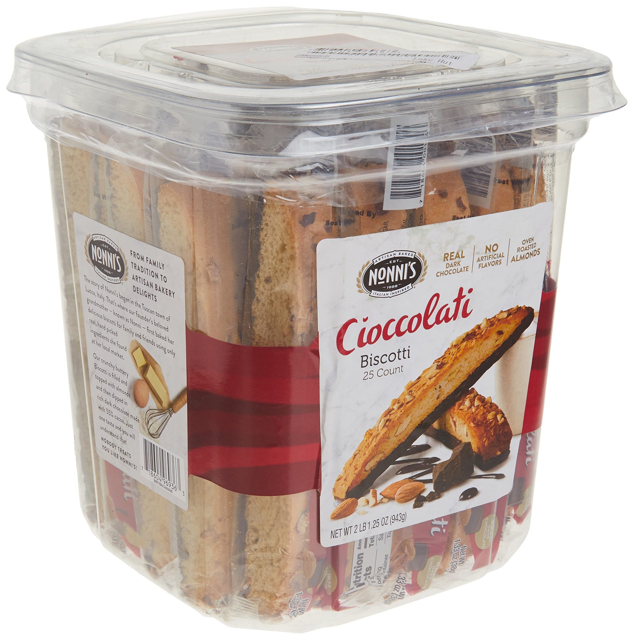 Nonni's XL Biscotti Dark Chocolate with Almond Cookies, Individually Wrapped Italian Coffee Snacks, 25 Cookies, 33.25 oz. Large Carton (Pack of 1)