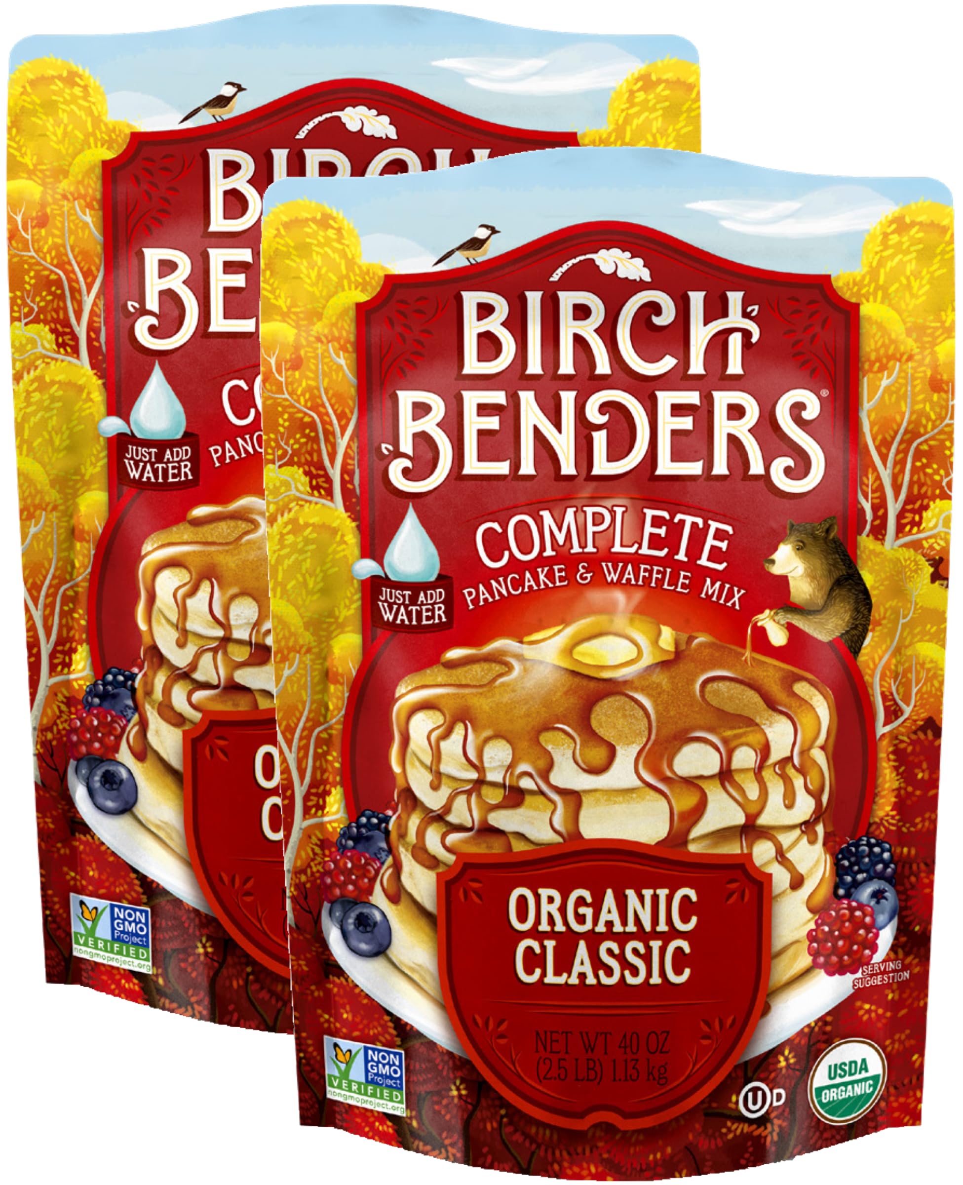Birch Benders Organic Pancake and Waffle Mix, Classic Recipe, Whole Grain, Non-GMO, Just Add Water, 80 Ounce Family Pack (40oz 2-pack)