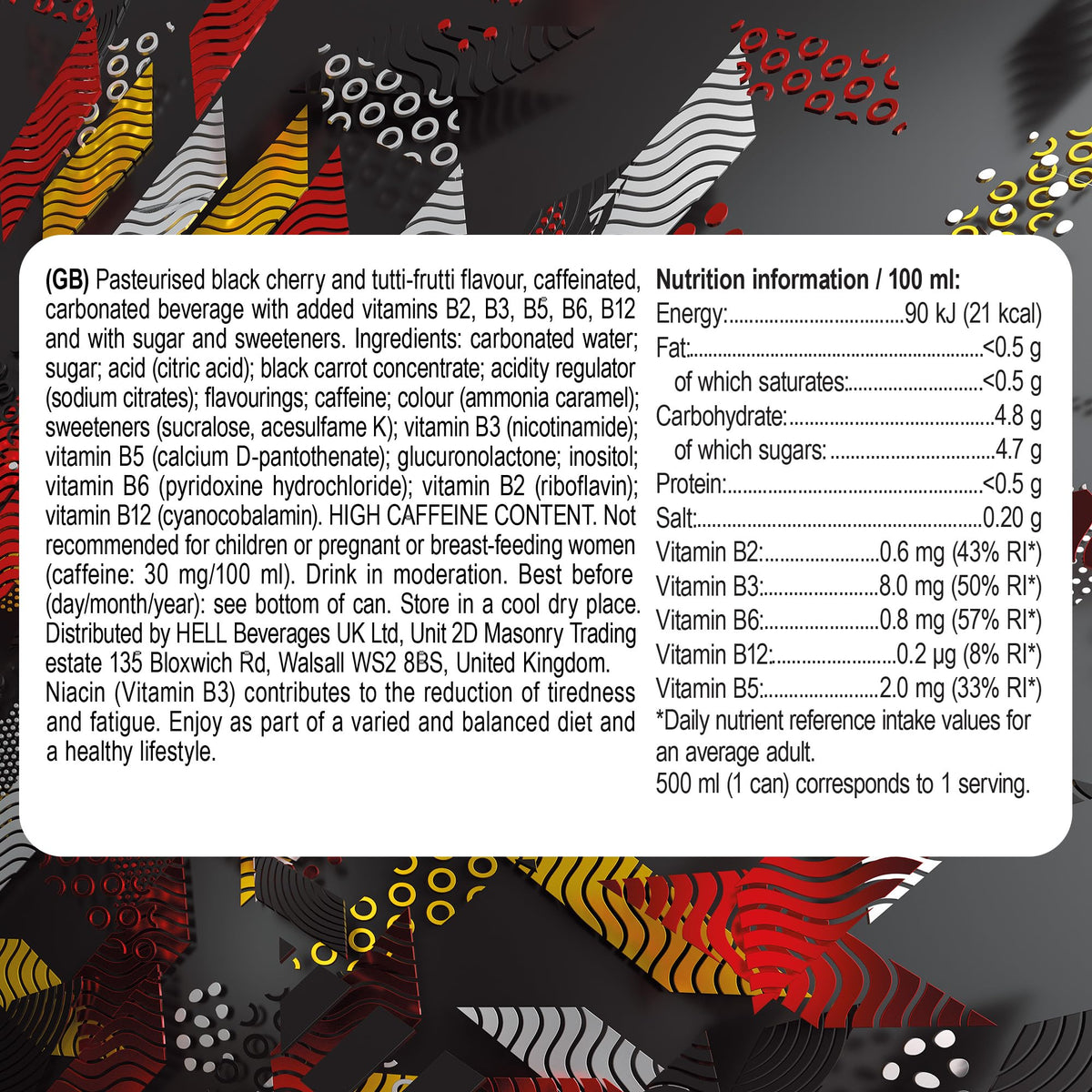 HELL BLACK CHERRY Energy Drink | +20% More Caffeine | Vitamins B2, B3, B6, B12, C & D | No Preservatives | Environmentally Friendly Packaging | 12 x