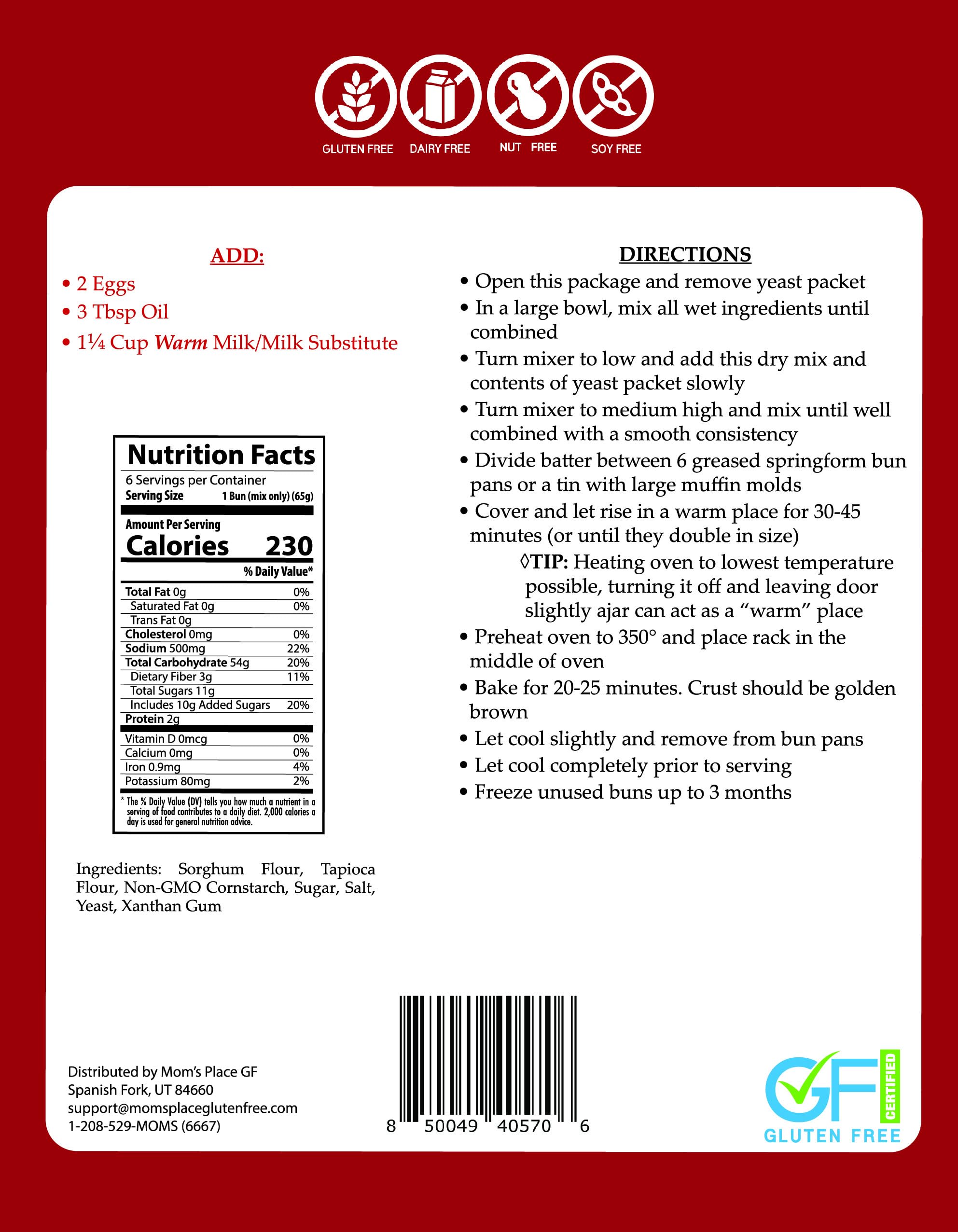 Mom's Place Gluten Free Hamburger Bun Mix - Dairy Free, Nut Free, Soy Free, NON GMO, Preservative Free