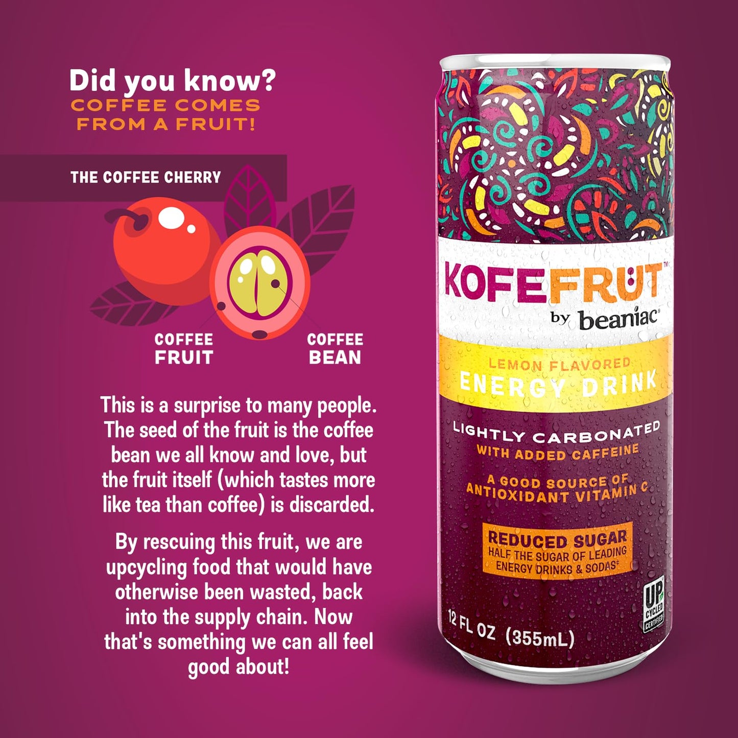KOFEFRUT by beaniac Caffeinated Energy Drink, Lemon, Lightly Carbonated, Reduced Sugar, 80mg Caffeine, Polyphenols, Antioxidants, Vitamin C, 12 Fl Oz