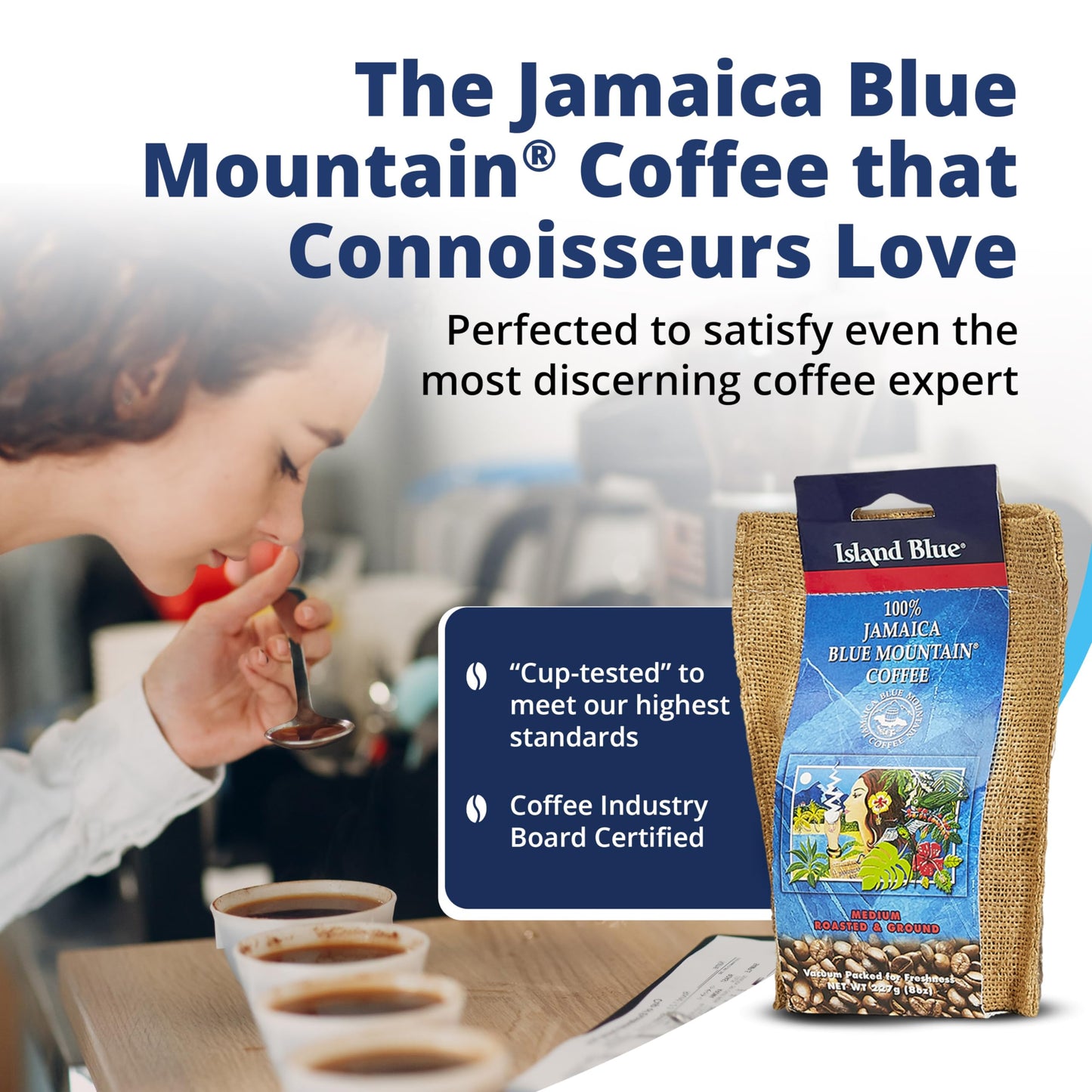 Island Blue 100% Jamaica Blue Mountain Fresh Roasted & Ground Coffee Medium Roast Gourmet Coffee Ground Vacuum Packed in a Burlap Bag, 8 oz