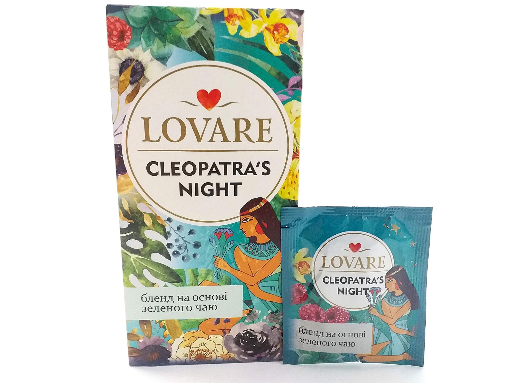 Lovare ...Share the Love Cleopatra’s Night Blend of Green Leafy Beichao with Fruit Pieces, Flower Petals and the Natural Raspberry Flavour 24 Tea Bags