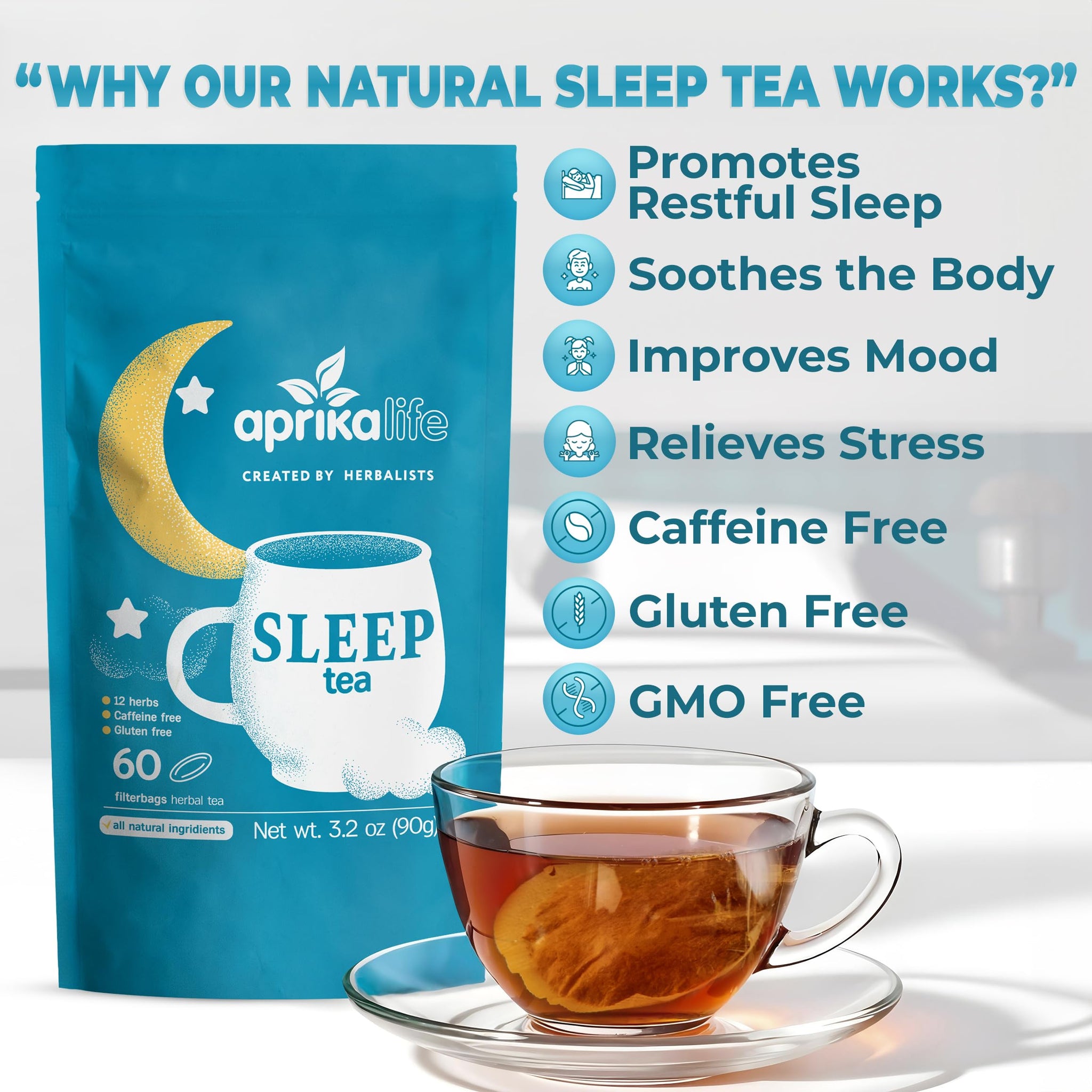 Aprika Life Sleep Tea for Bedtime Relaxation & Stress Relief - Natural Caffeine-Free Herbal Nighttime Tea with Chamomile, Lavender, Mint & Hibiscus