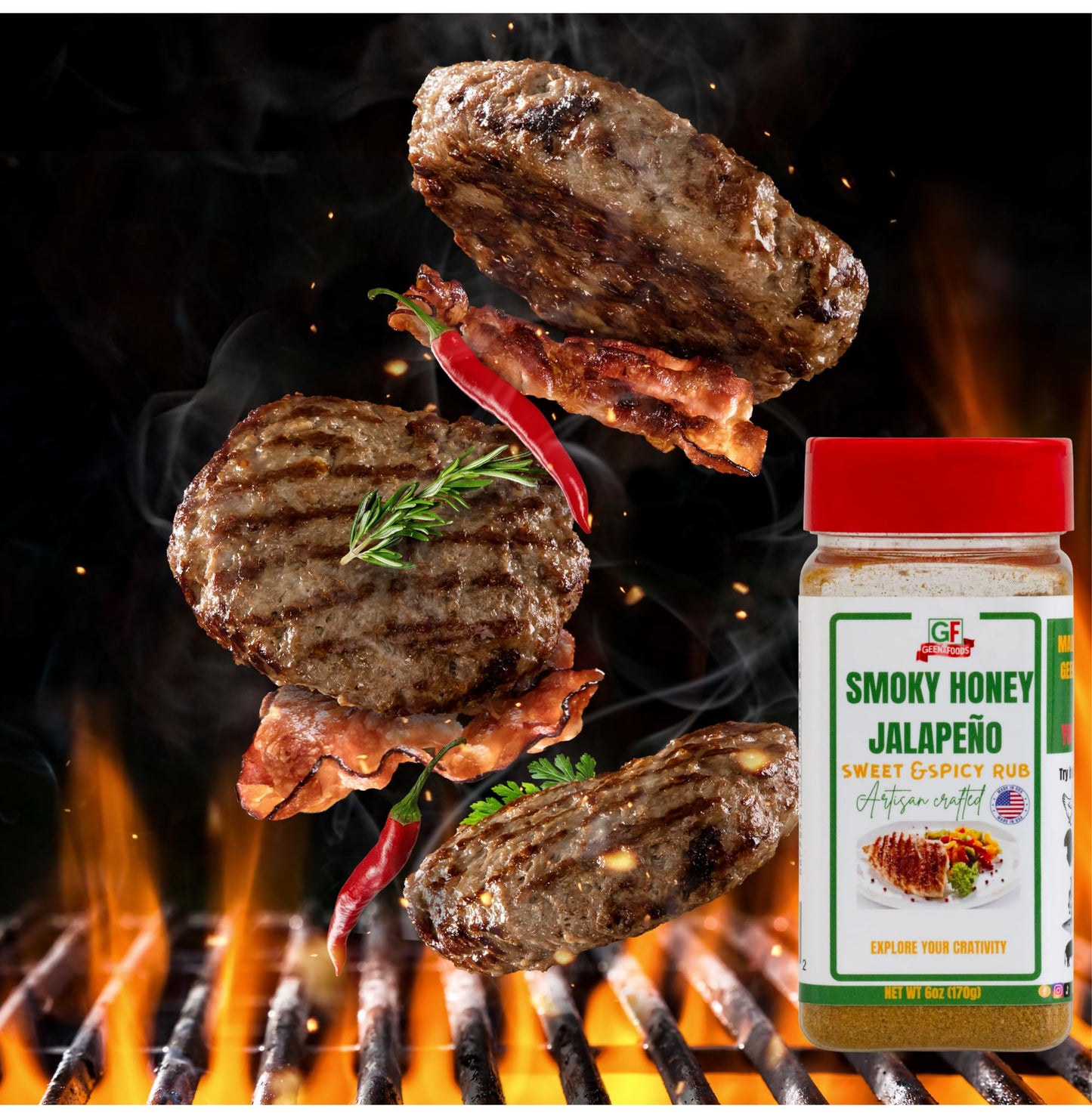 GEENAFOODS SMOKY HONEY JALAPENO GILL RUB flavorful blend Powder with pure Jalapeno powder and and Dehydrated honey ,Sweet Heat for chicken , meat