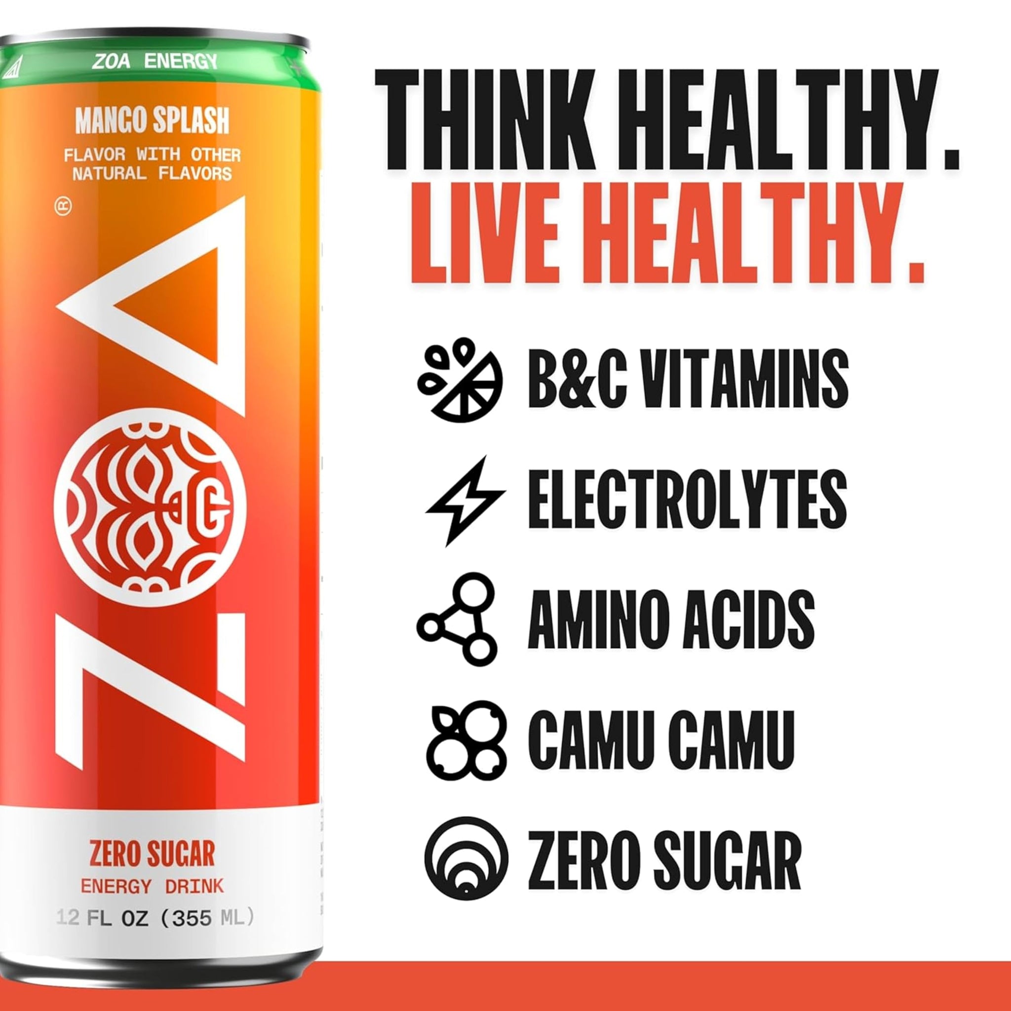 ZOA Zero Sugar Energy Drinks, Mango Splash - Sugar Free with Electrolytes, Healthy Vitamin C, Amino Acids, Essential B-Vitamins, and Caffeine from