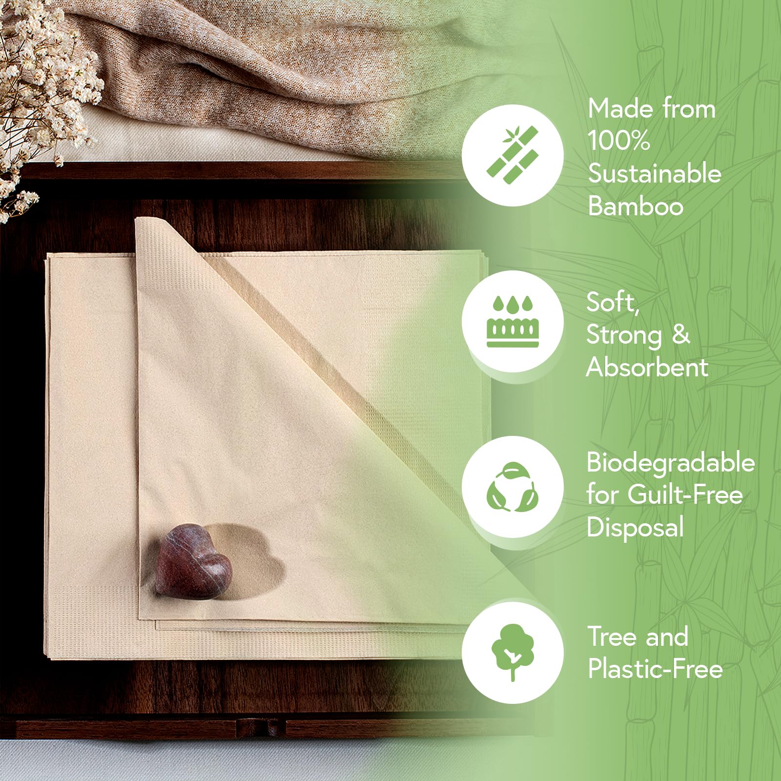 100% Bamboo Compostable Napkins (250-Pack) | Heavy Duty Napkins for Lunch, Dinner, Events, Occasions & Entertaining | Eco Friendly | 3-Ply FSC