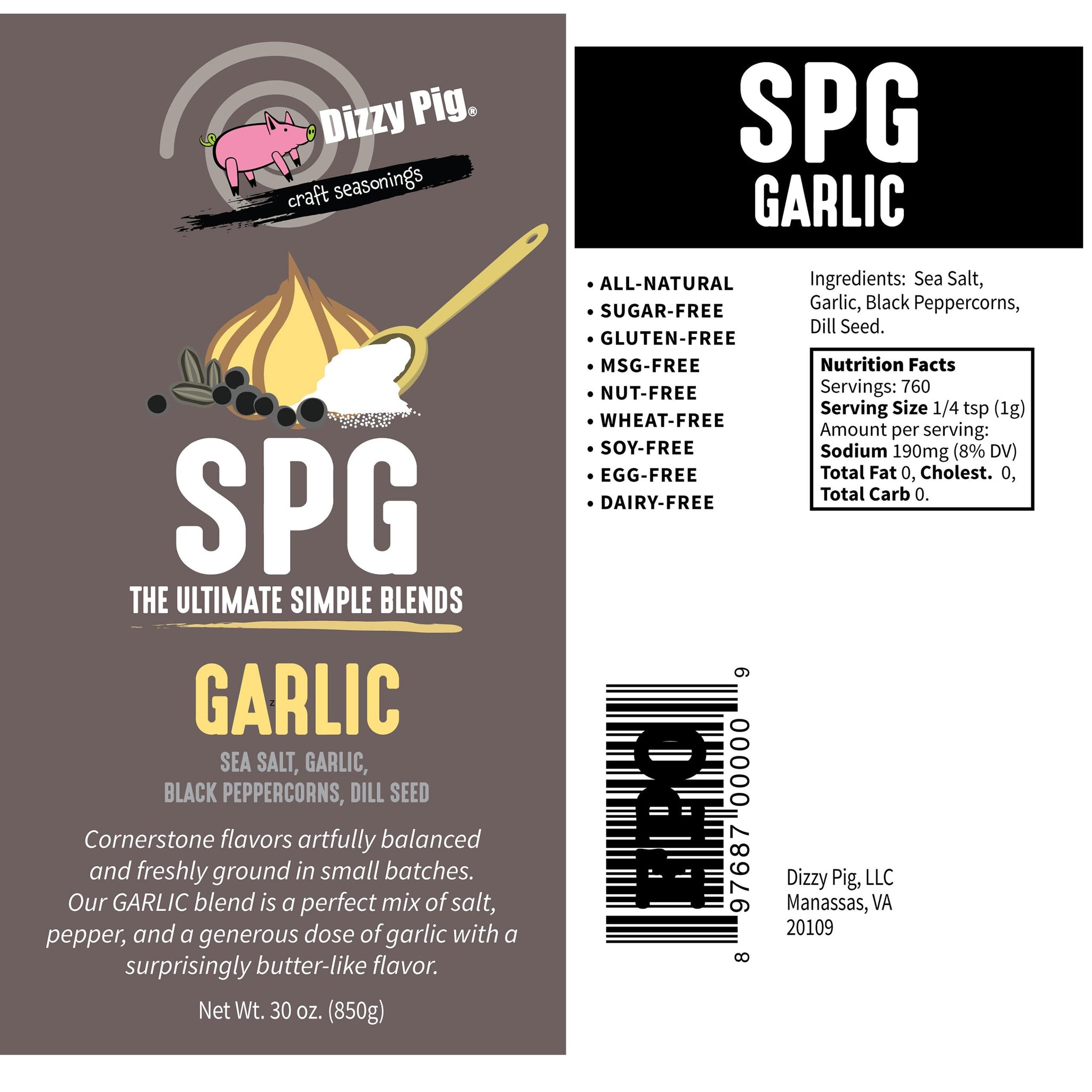 Dizzy Pig SPG Garlic (Salt, Pepper & Garlic) Seasoning Rub (Quart Shaker) - Hand Made in the USA - Seasons Around 120lbs of Food - MSG Free, Gluten