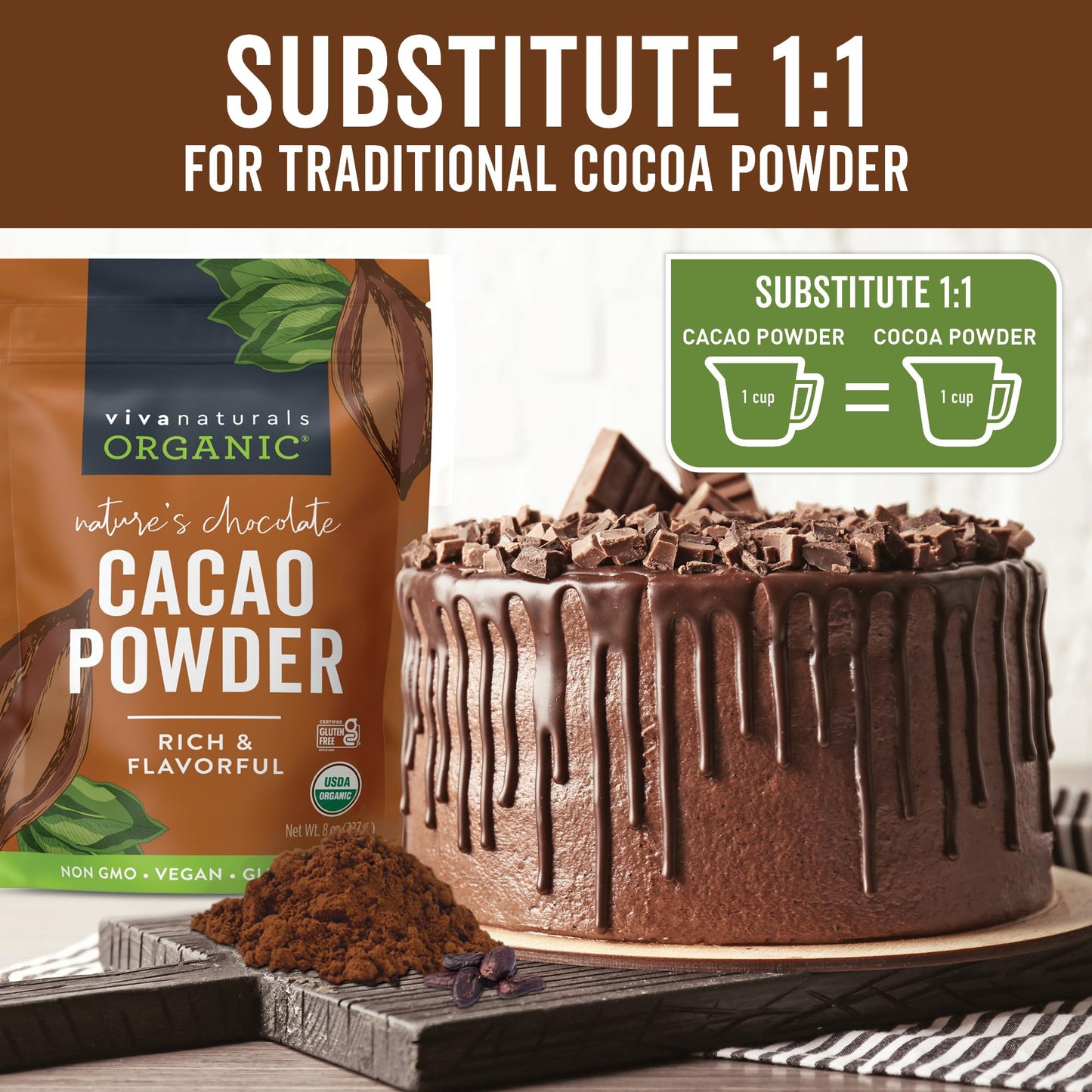 Organic Cacao Powder, Unsweetened, 8 oz (227 g) - Rich Dark Chocolate Flavor, Perfect for Baking, Smoothies & Hot Chocolate - Vegan, Keto, Paleo, Non-GMO & Gluten-Free Cocoa Powder