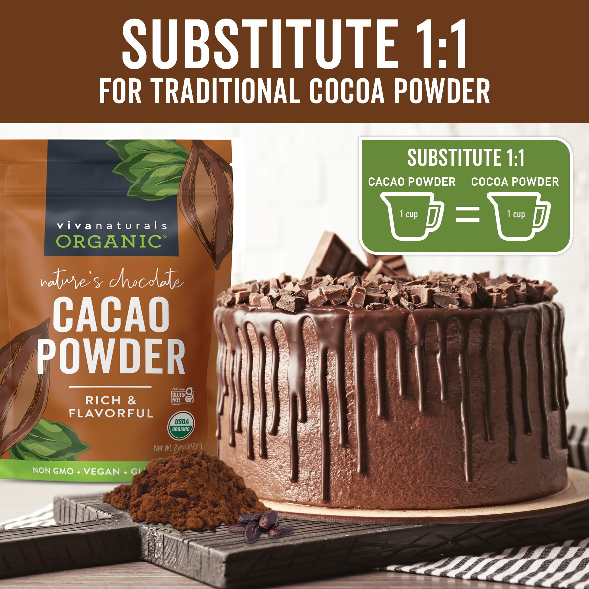 Organic Cacao Powder, Unsweetened, 8 oz (227 g) - Rich Dark Chocolate Flavor, Perfect for Baking, Smoothies & Hot Chocolate - Vegan, Keto, Paleo, Non-GMO & Gluten-Free Cocoa Powder